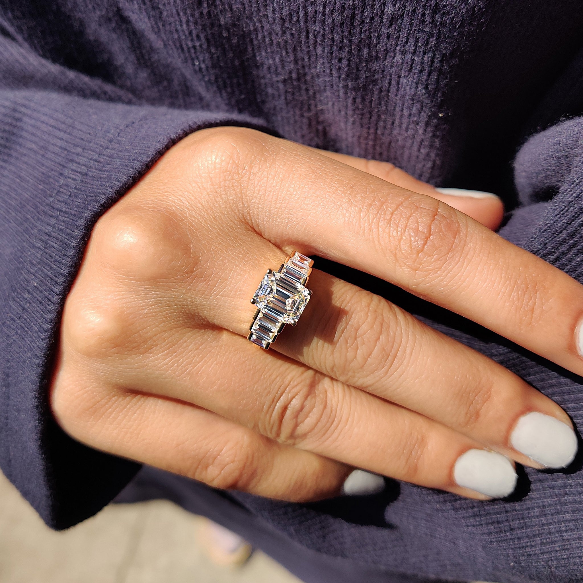 7 Stone Emerald And Baguette Cut Diamond Ring
