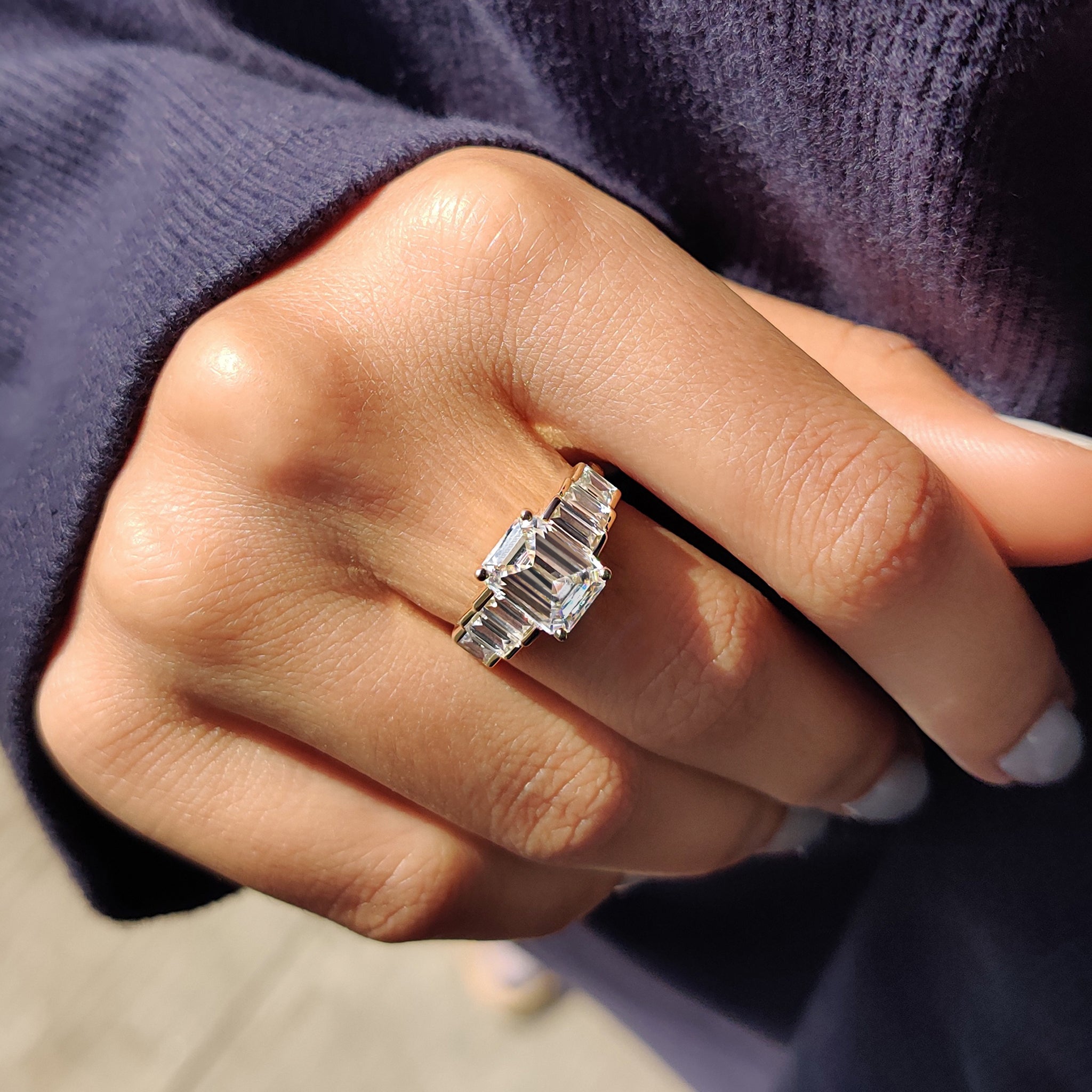 7 Stone Emerald And Baguette Cut Diamond Ring