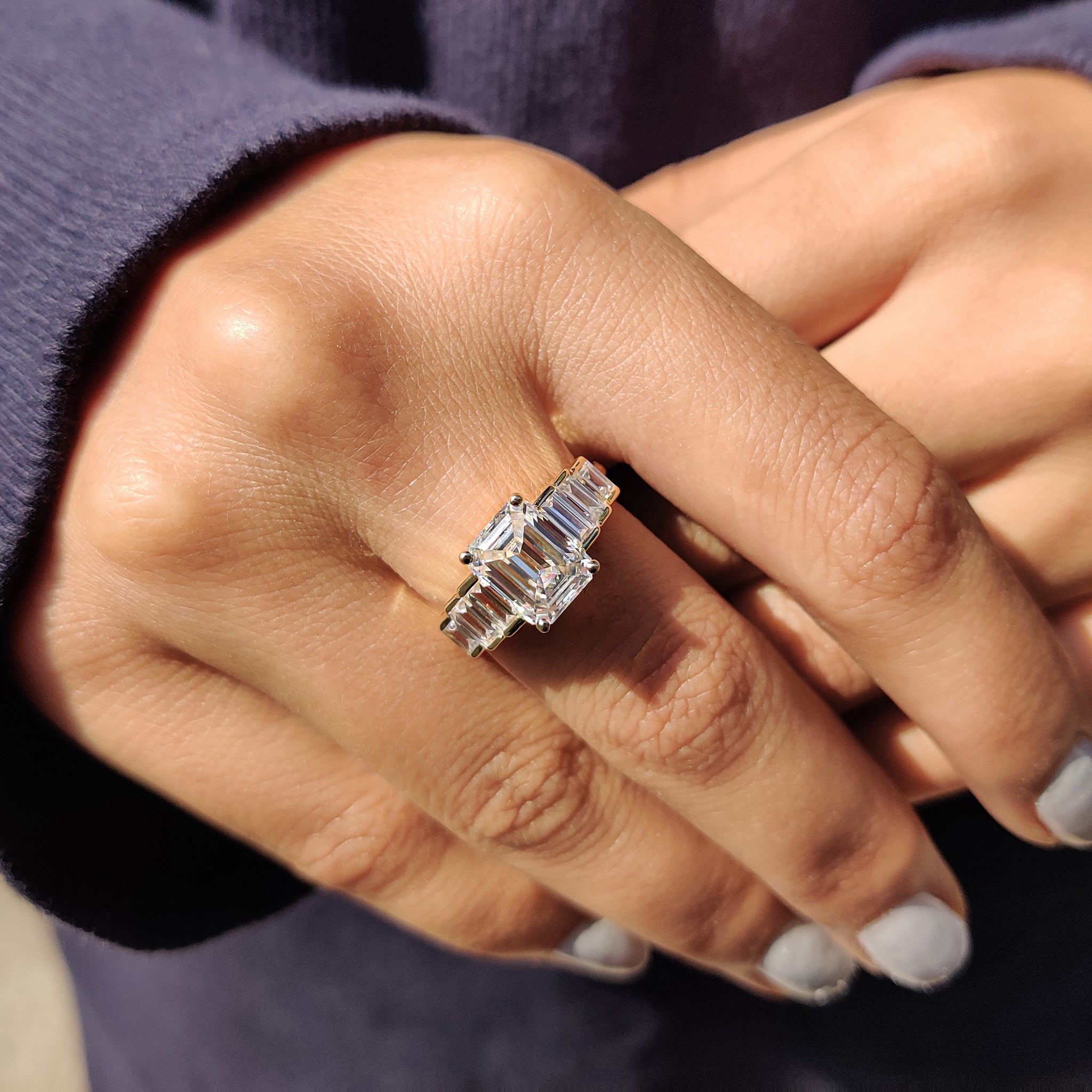 7 Stone Emerald And Baguette Cut Diamond Ring