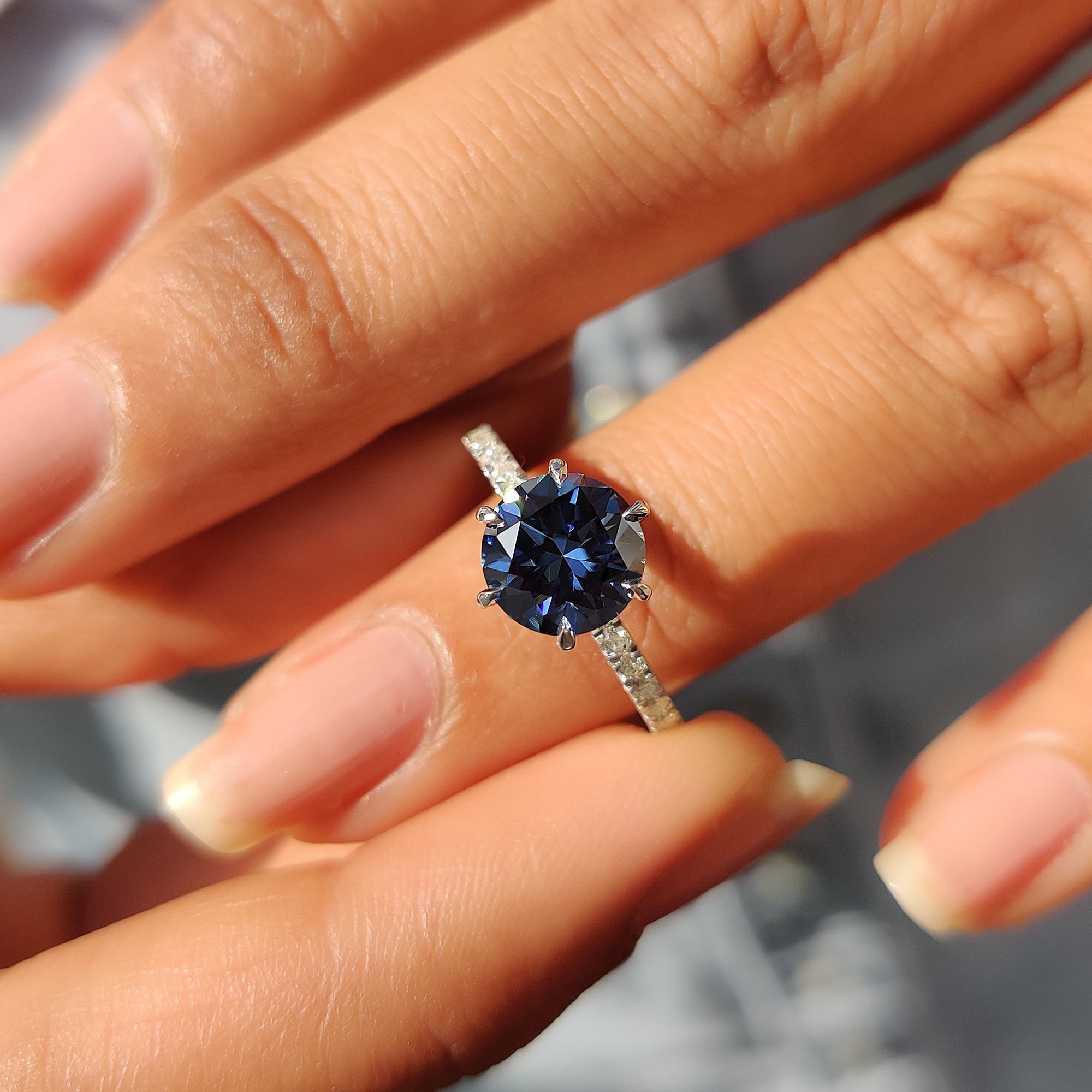 Royal Dark Blue Round Pave Engagement Ring - Main Image
