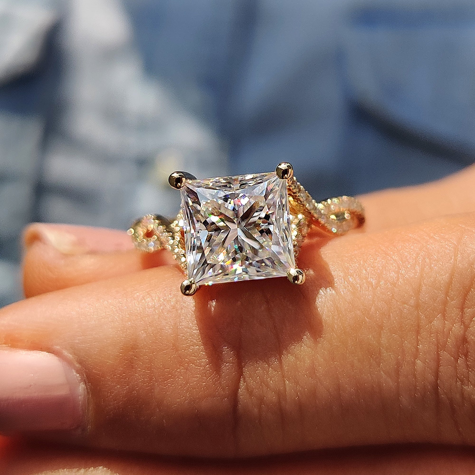 Twisted pave band engagement ring with Moissanite stones for a stunning effect.