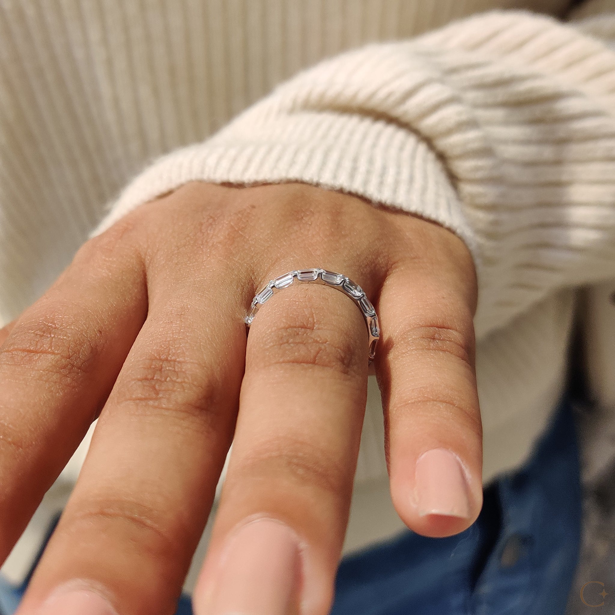 Lab created diamond band showcasing sustainable luxury and sparkle.
