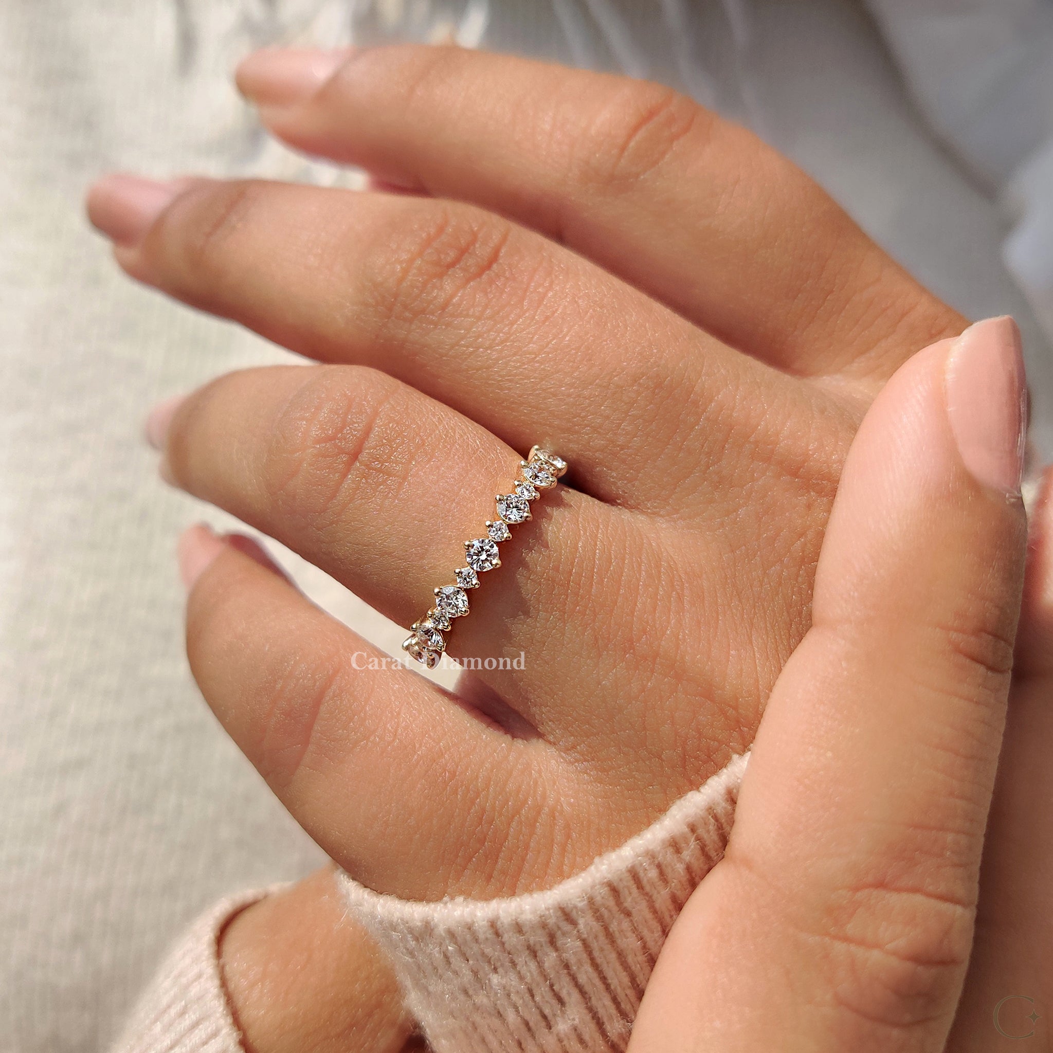 Prong set wedding band featuring secure diamond settings with dazzling appeal.
