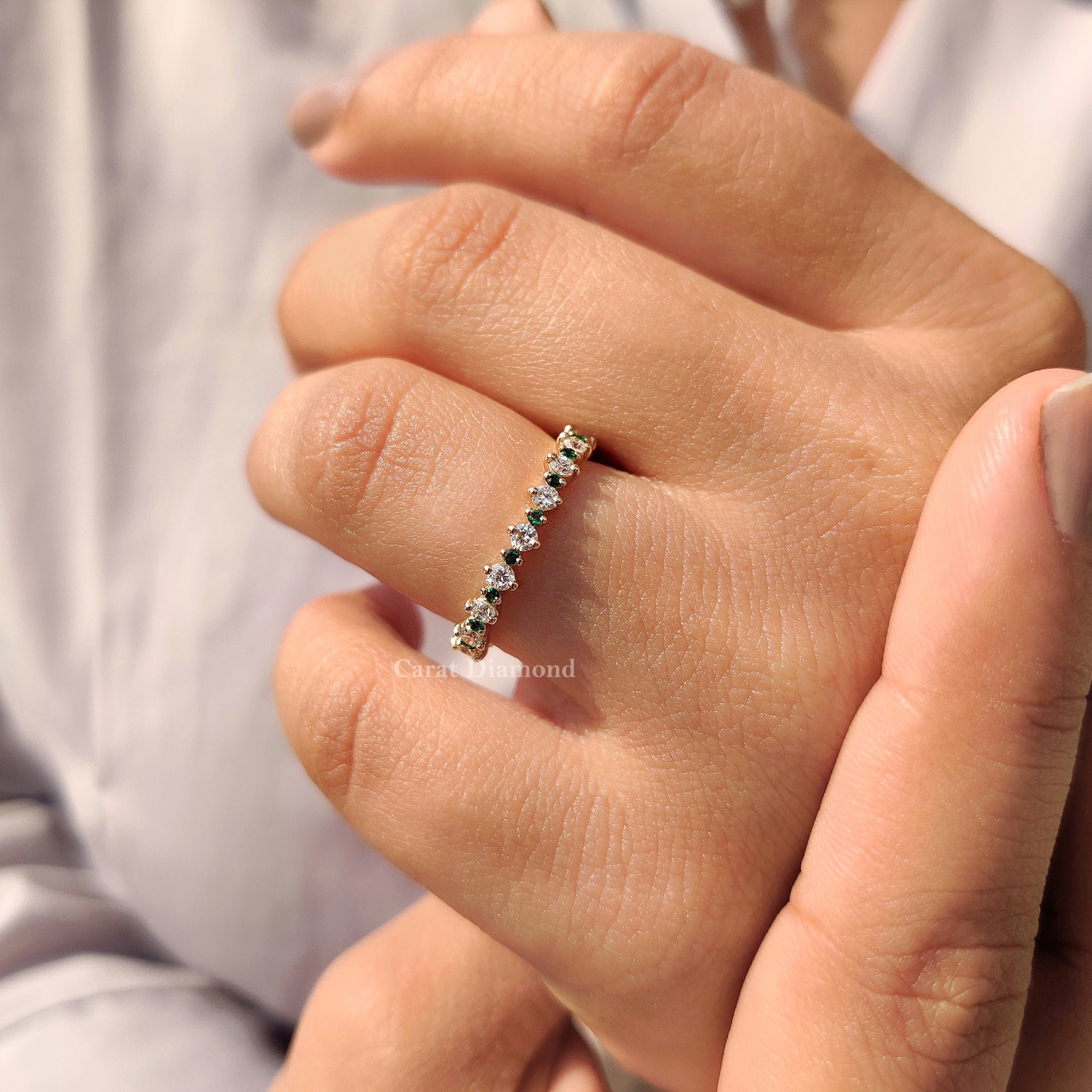 Full Eternity Wedding Band Yellow Gold Wedding Band emerald and round wedding band.