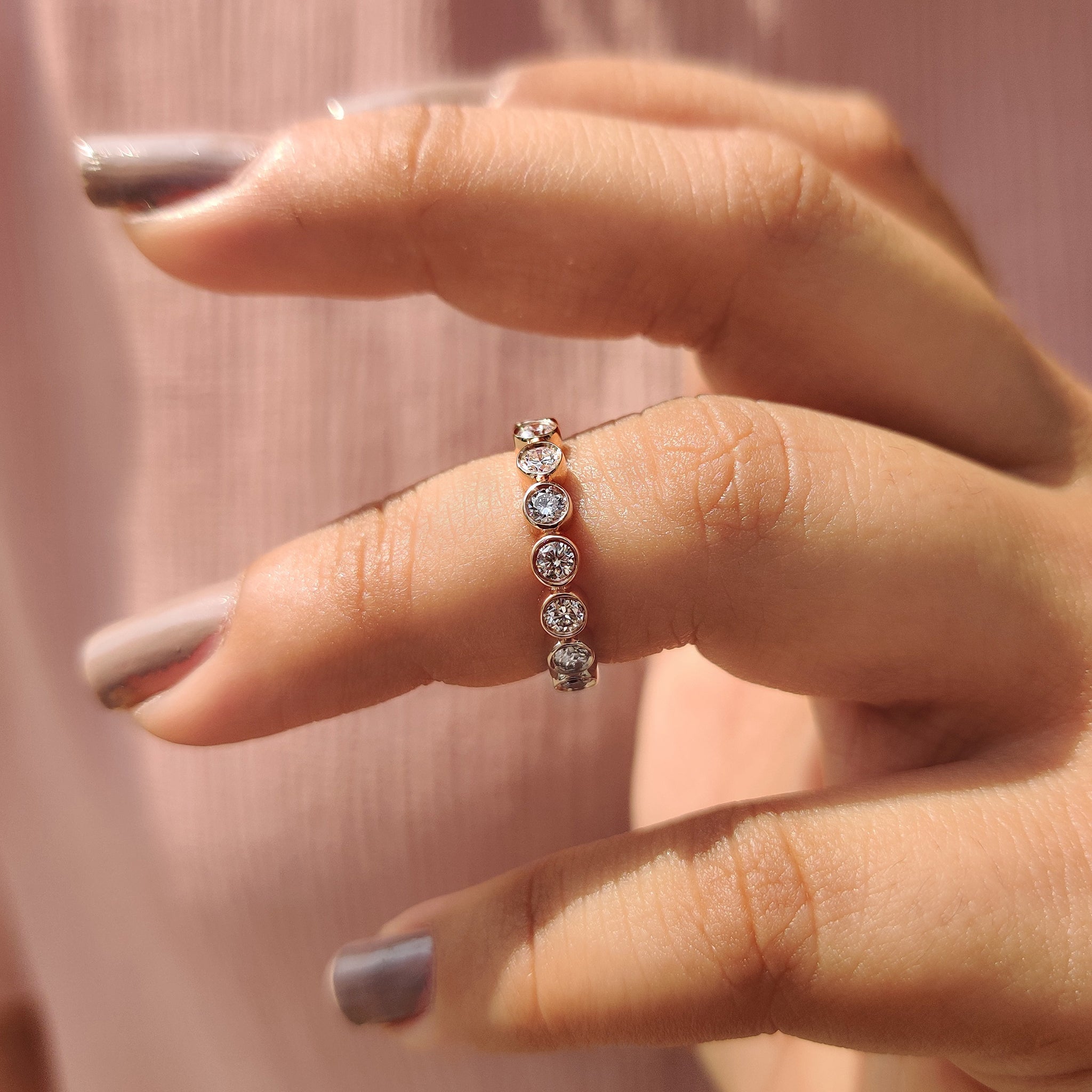 Lab grown diamond ring in a full eternity band.
