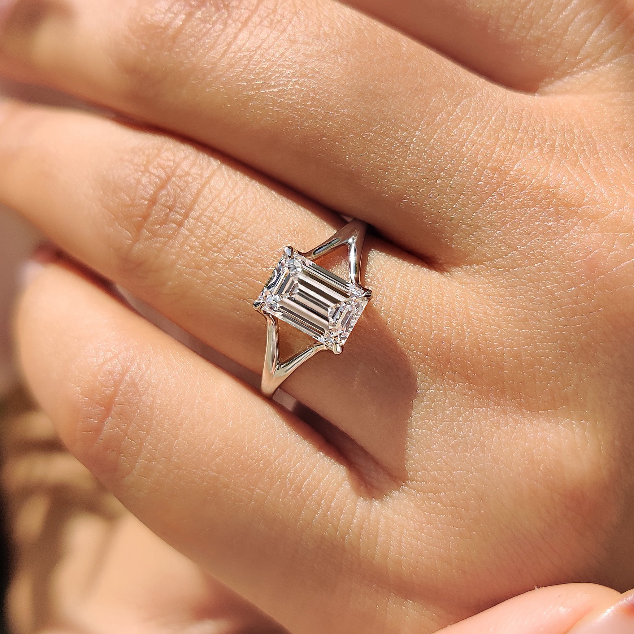 A handmade white gold ring featuring a solitaire diamond, set with four claw prongs to securely hold the lab-grown gem.
