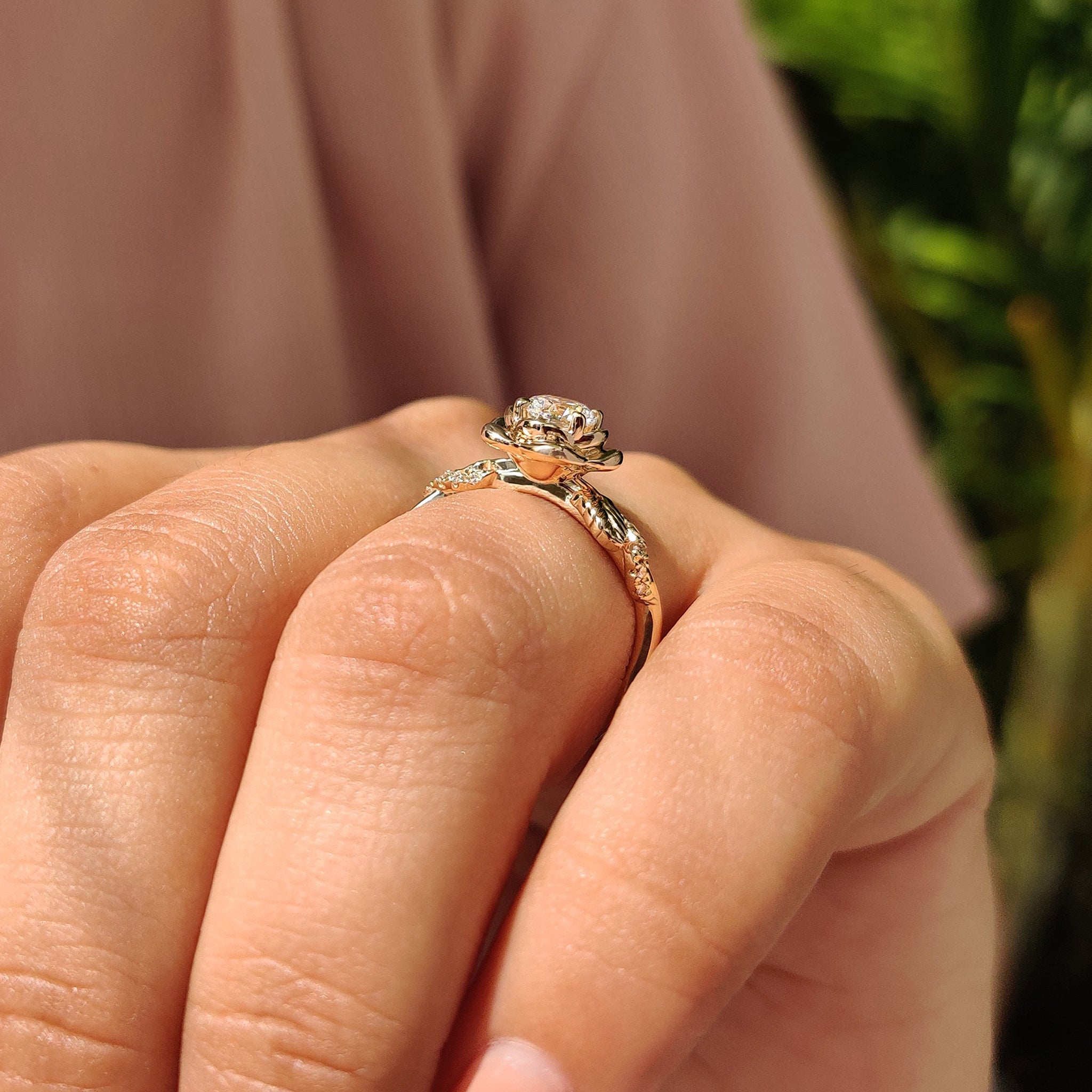 Twisted pave engagement ring in yellow gold.