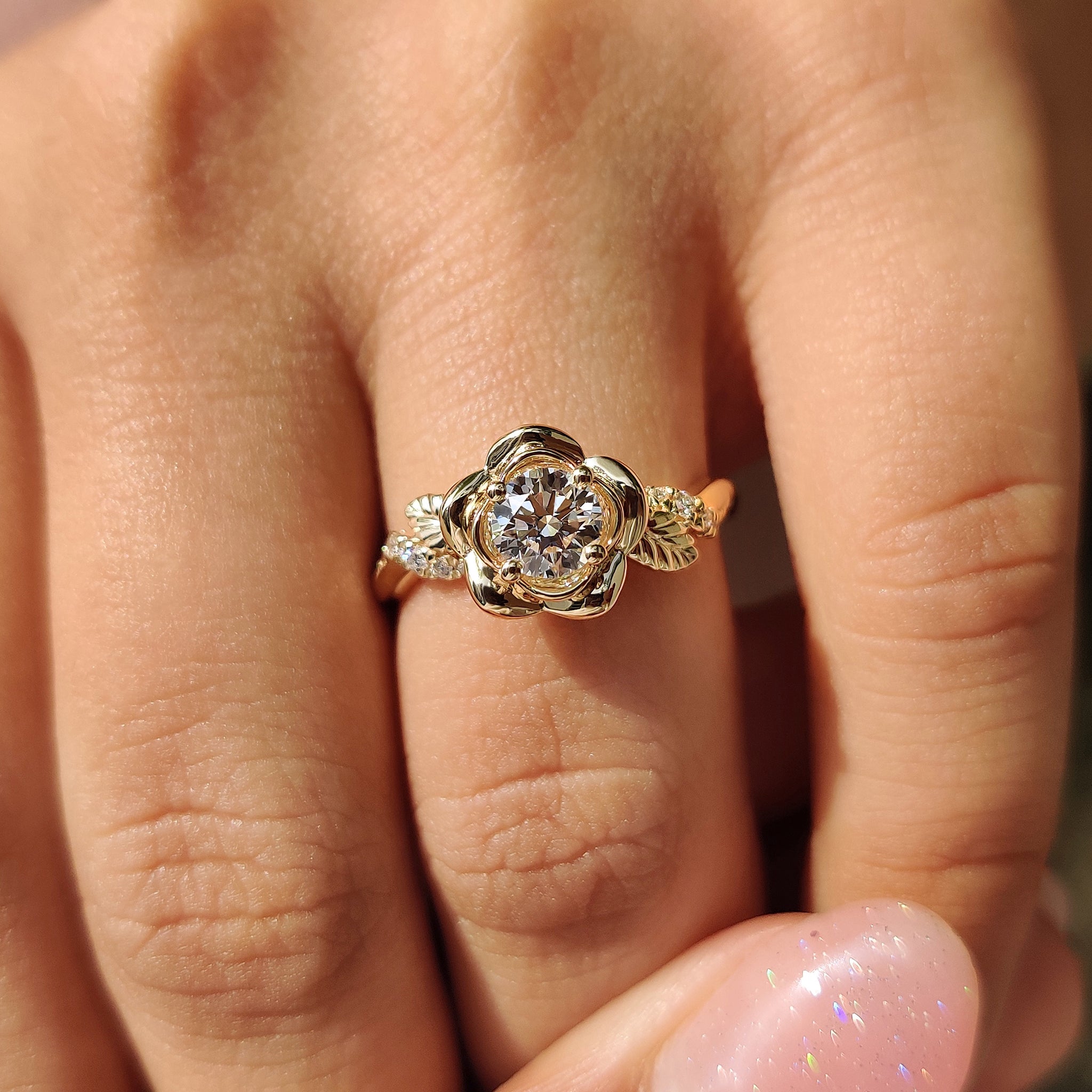 Nature inspired engagement ring with twisted pave design.