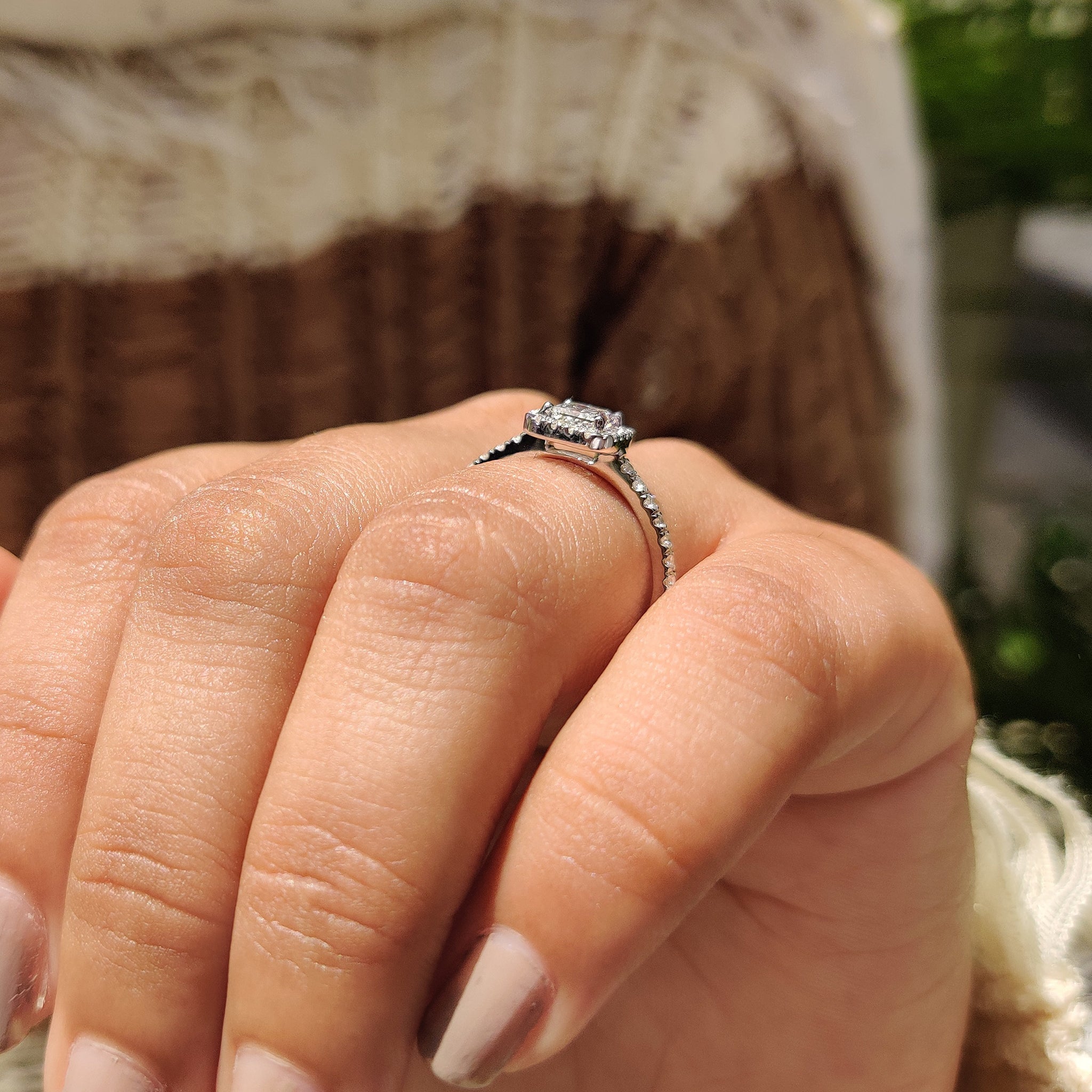 Carat Diamonds custom engagement ring with white gold and four prong setting.
