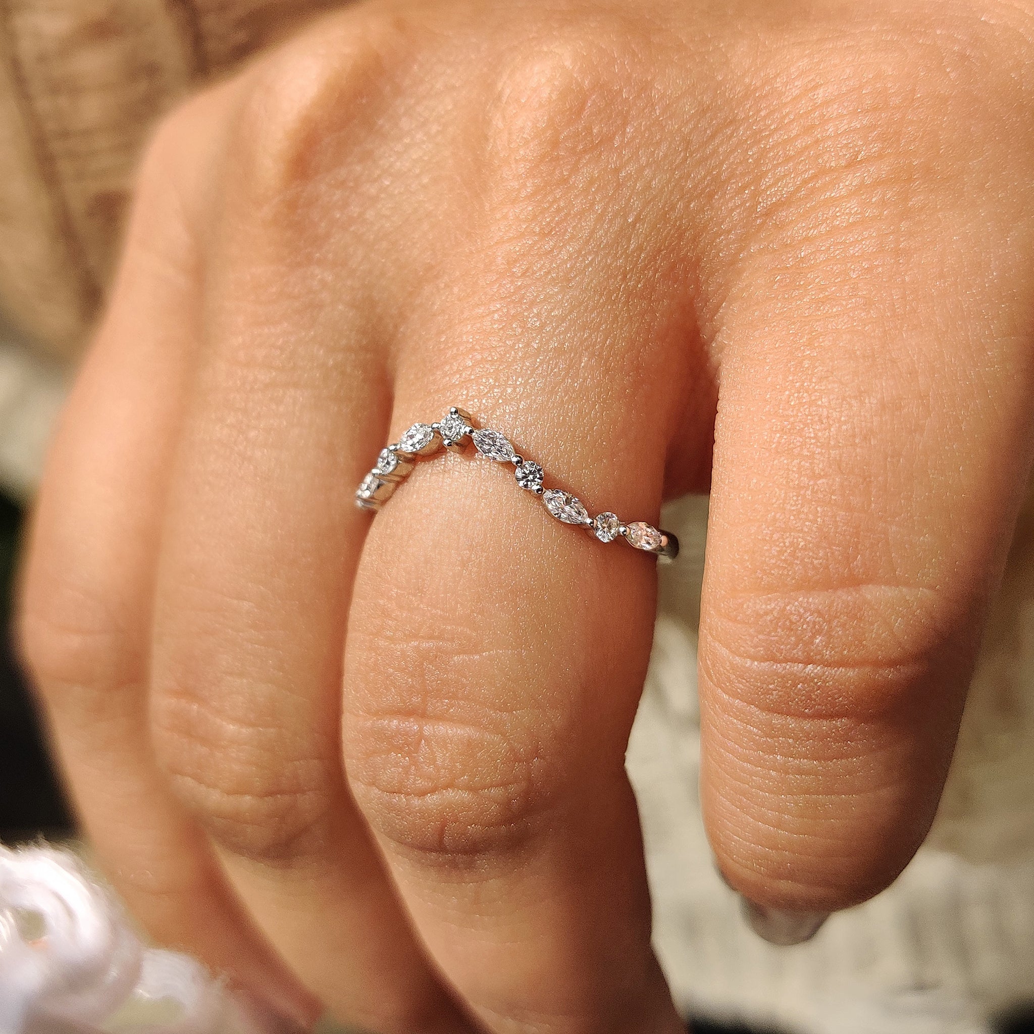 Lab Grown Diamond in white gold wedding band.
