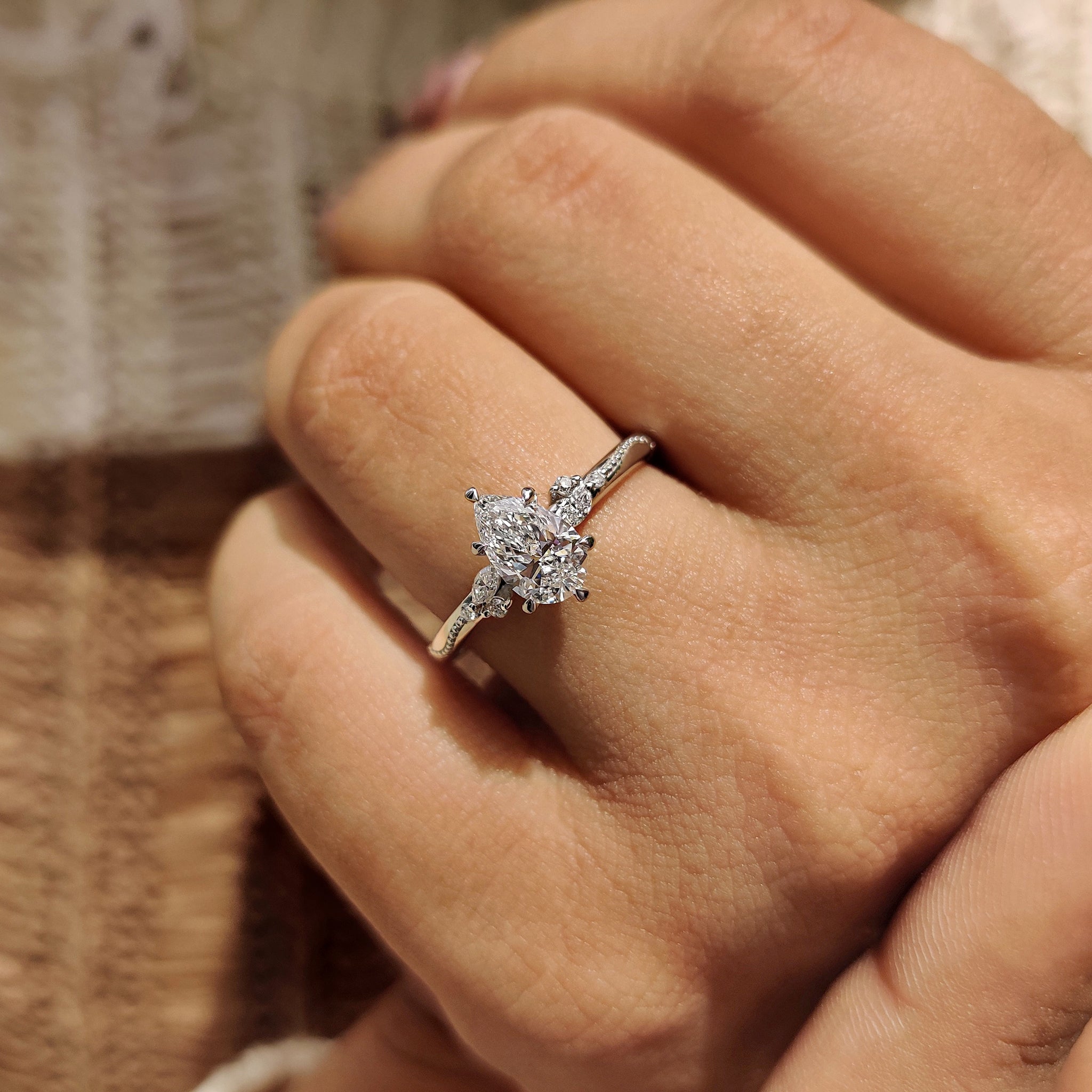 White gold engagement ring with Lab Grown Diamond.
