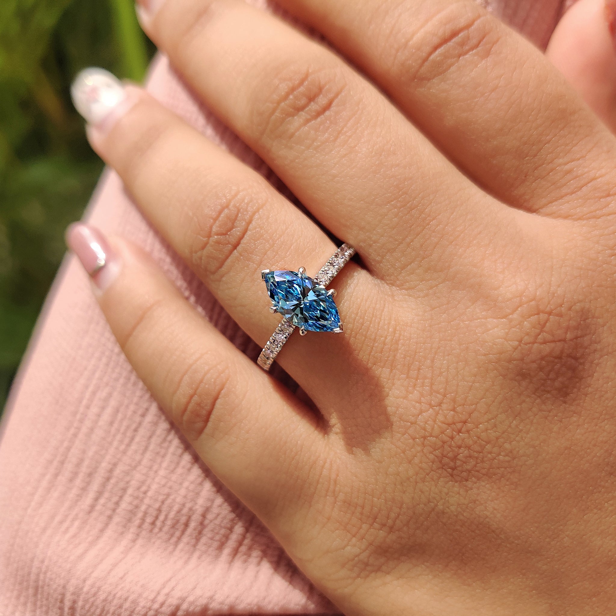 Round cut pave band with white gold engagement ring.