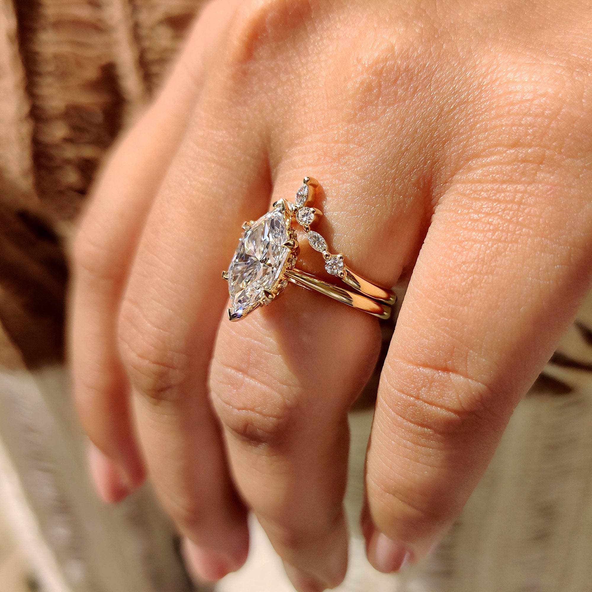 V prong setting in tiara wedding band.