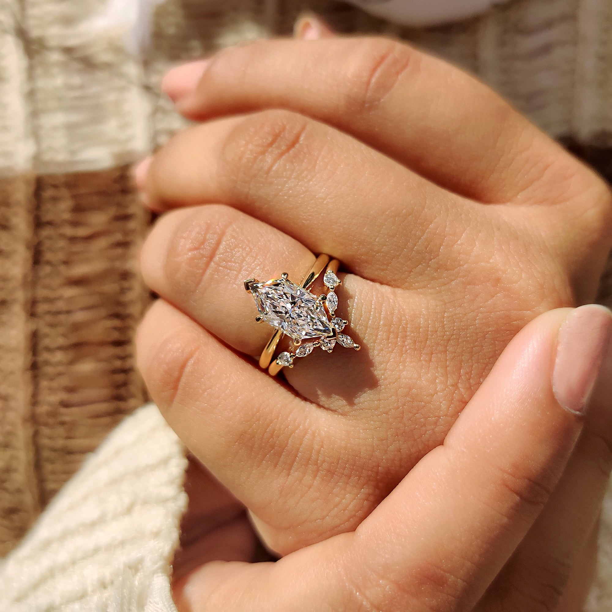 Marquise and round wedding band in yellow gold bridal set.