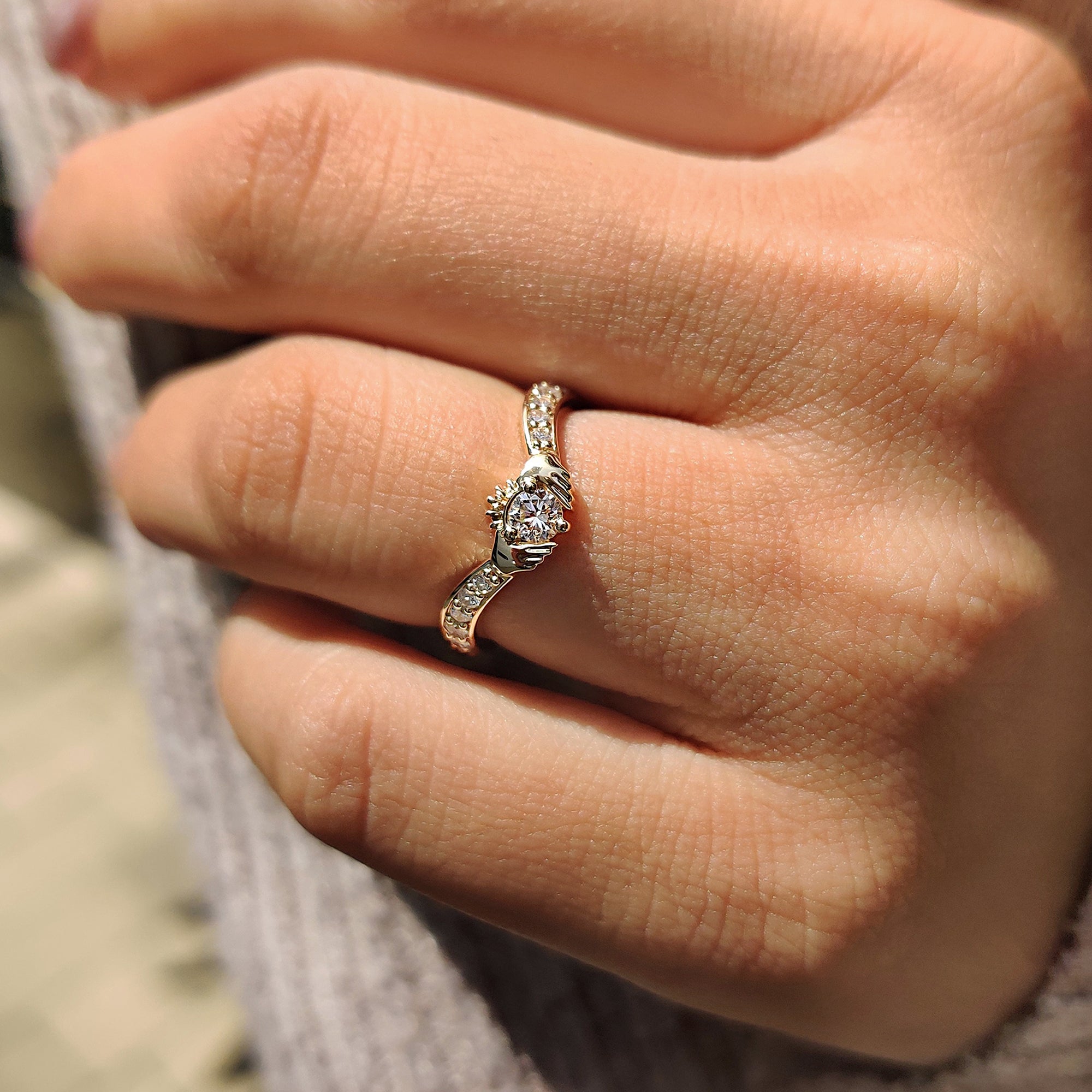 Claddagh engagement ring with tapered shank ring.
