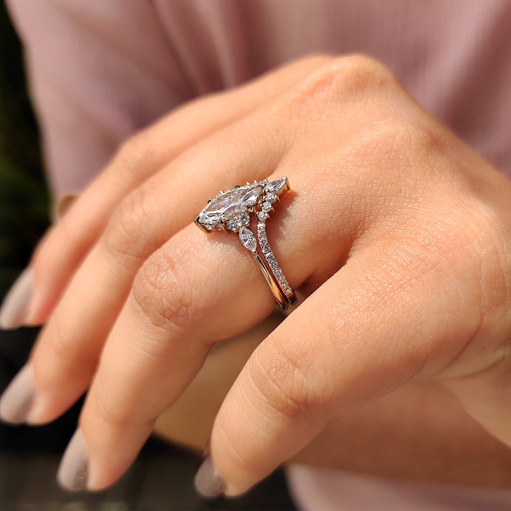 Chevron diamond band paired with marquise bridal ring handmade set.