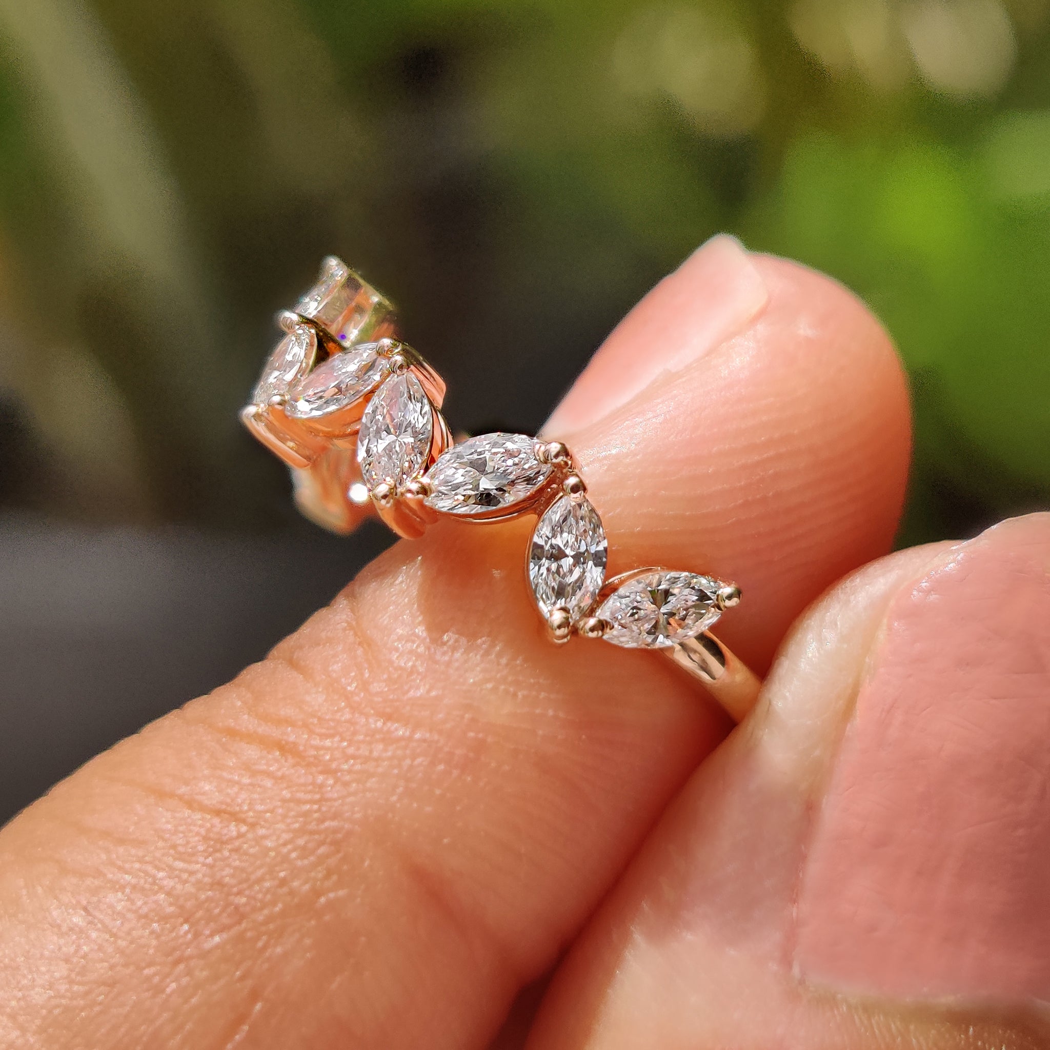 Custom wedding band with zig zag cluster pave band.