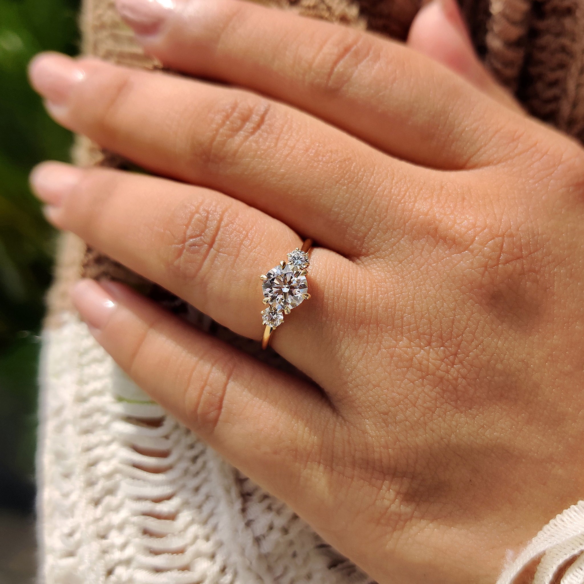 Lab Grown Diamond with three stone diamond engagement ring.
