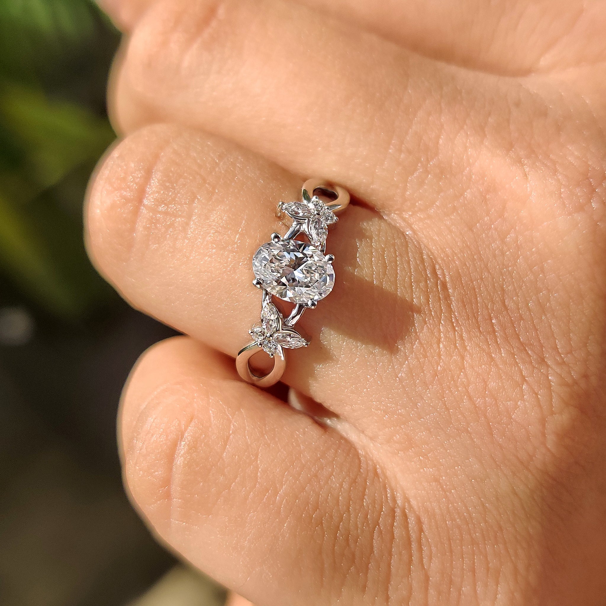 White gold engagement ring in nature inspired engagement ring.
