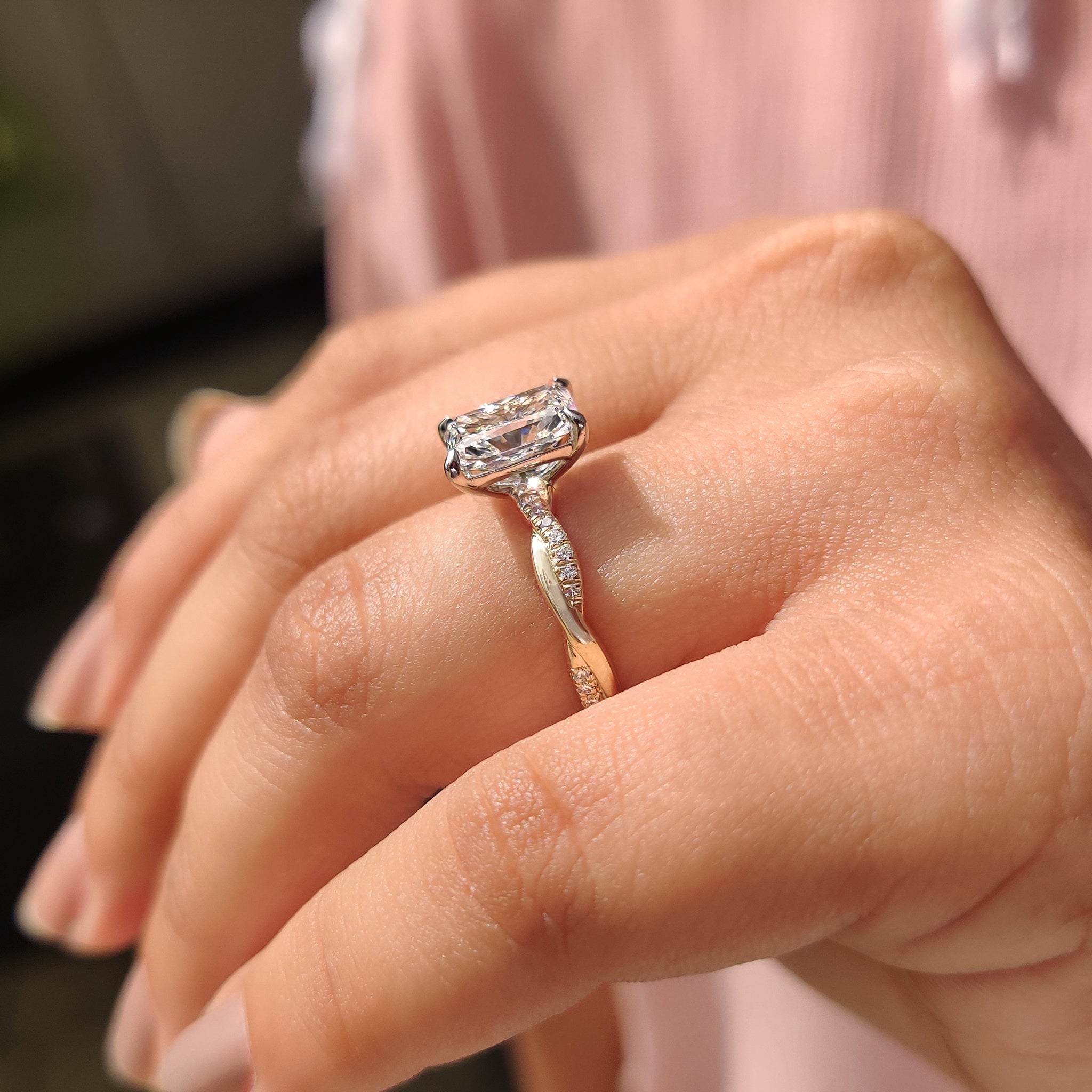 Lab Grown Diamond in radiant cut engagement ring.