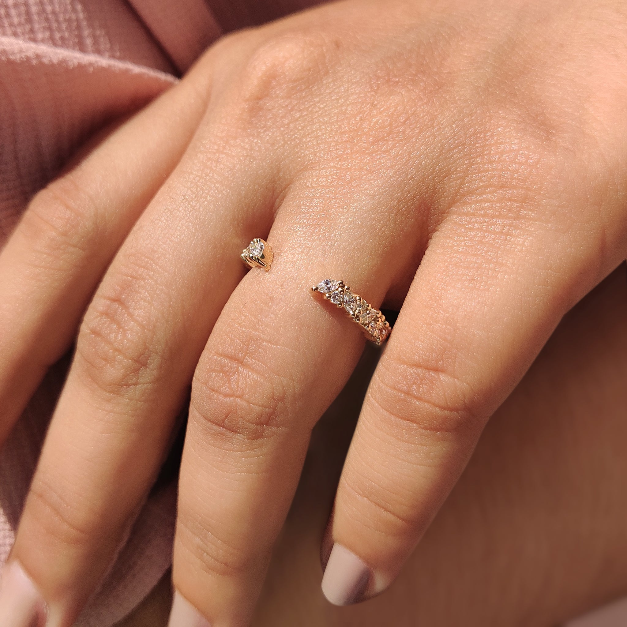 Handmade open gap wedding ring with round prong lab grown diamonds