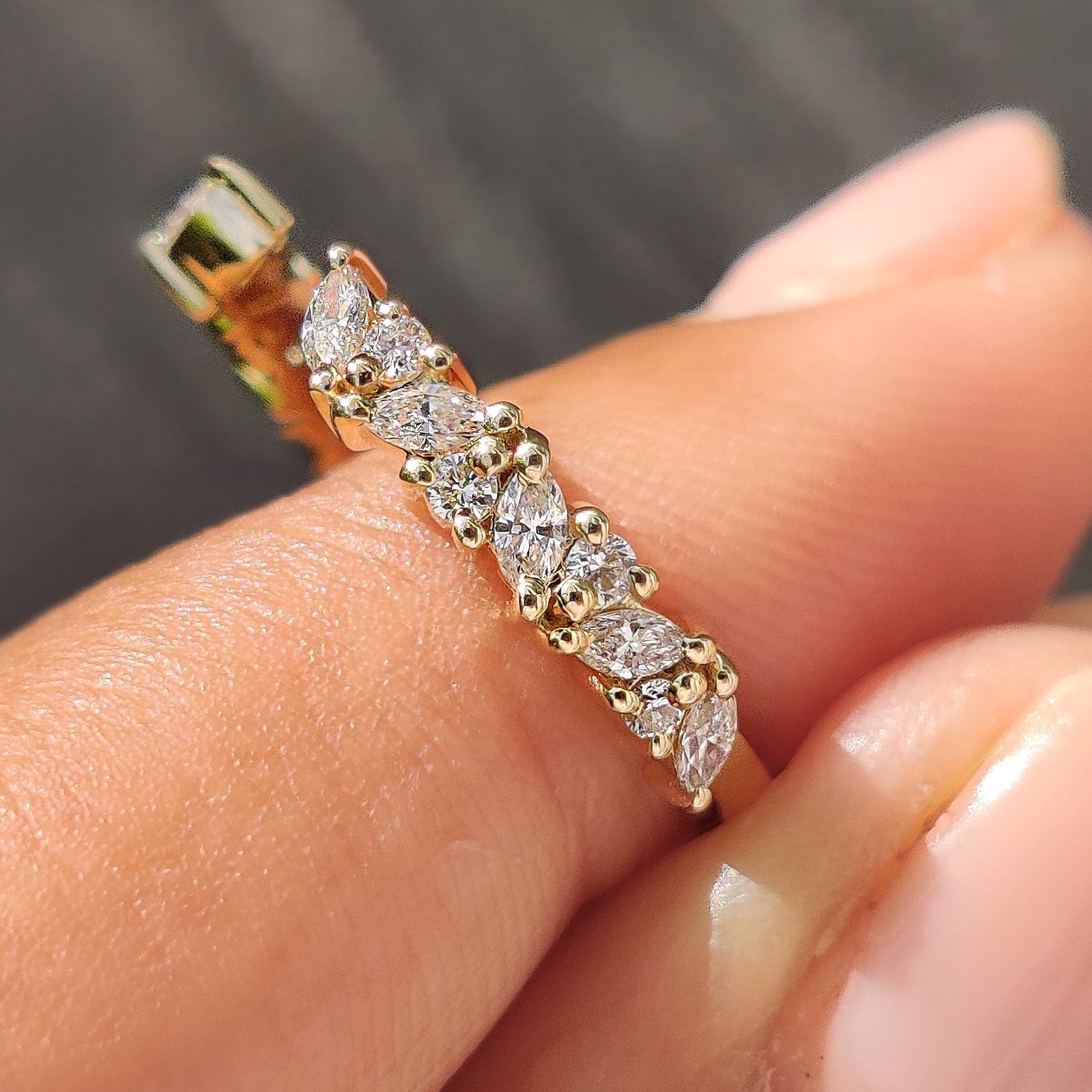 Open band Yellow gold wedding ring with marquise and round lab grown diamonds