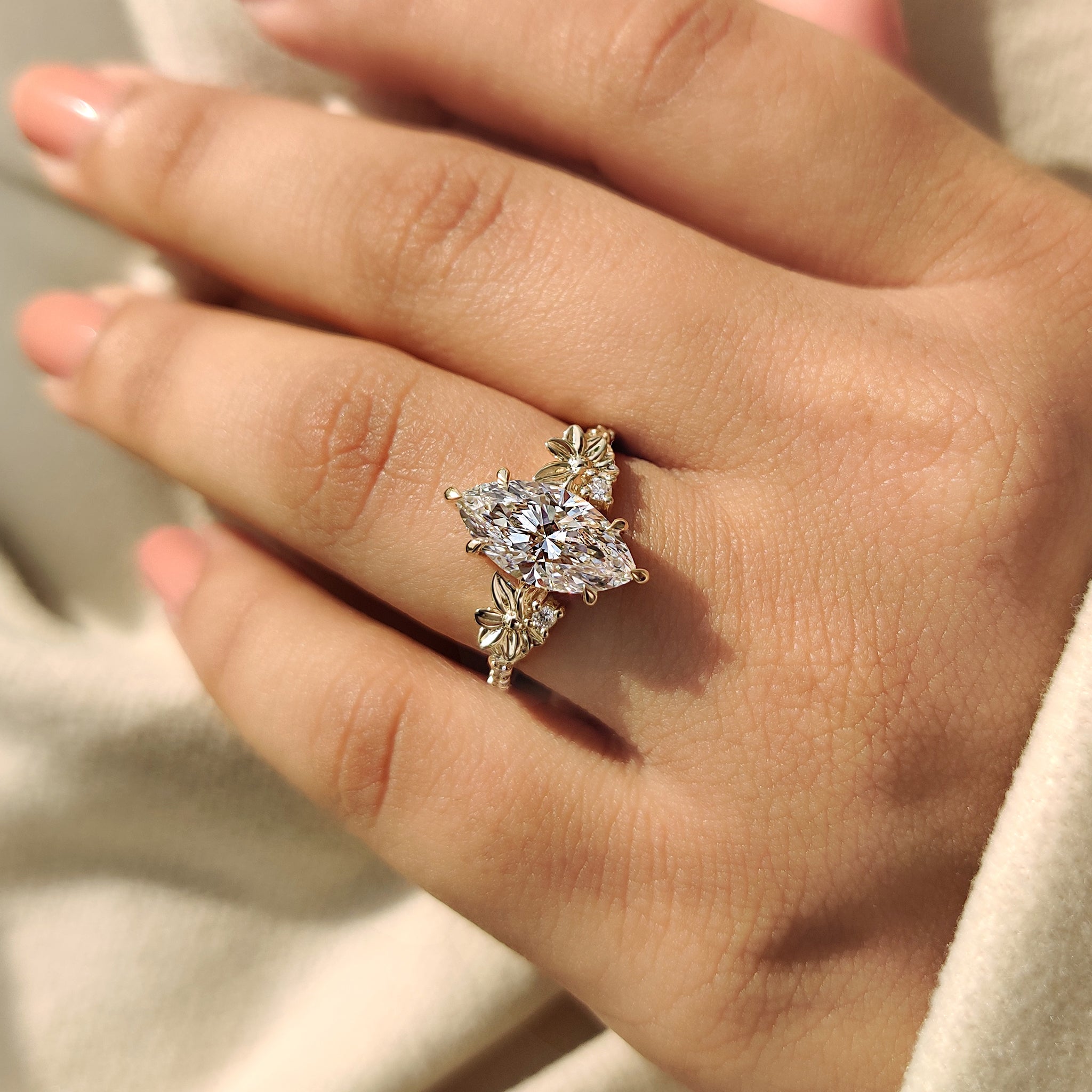 Yellow gold ring with marquise diamond.