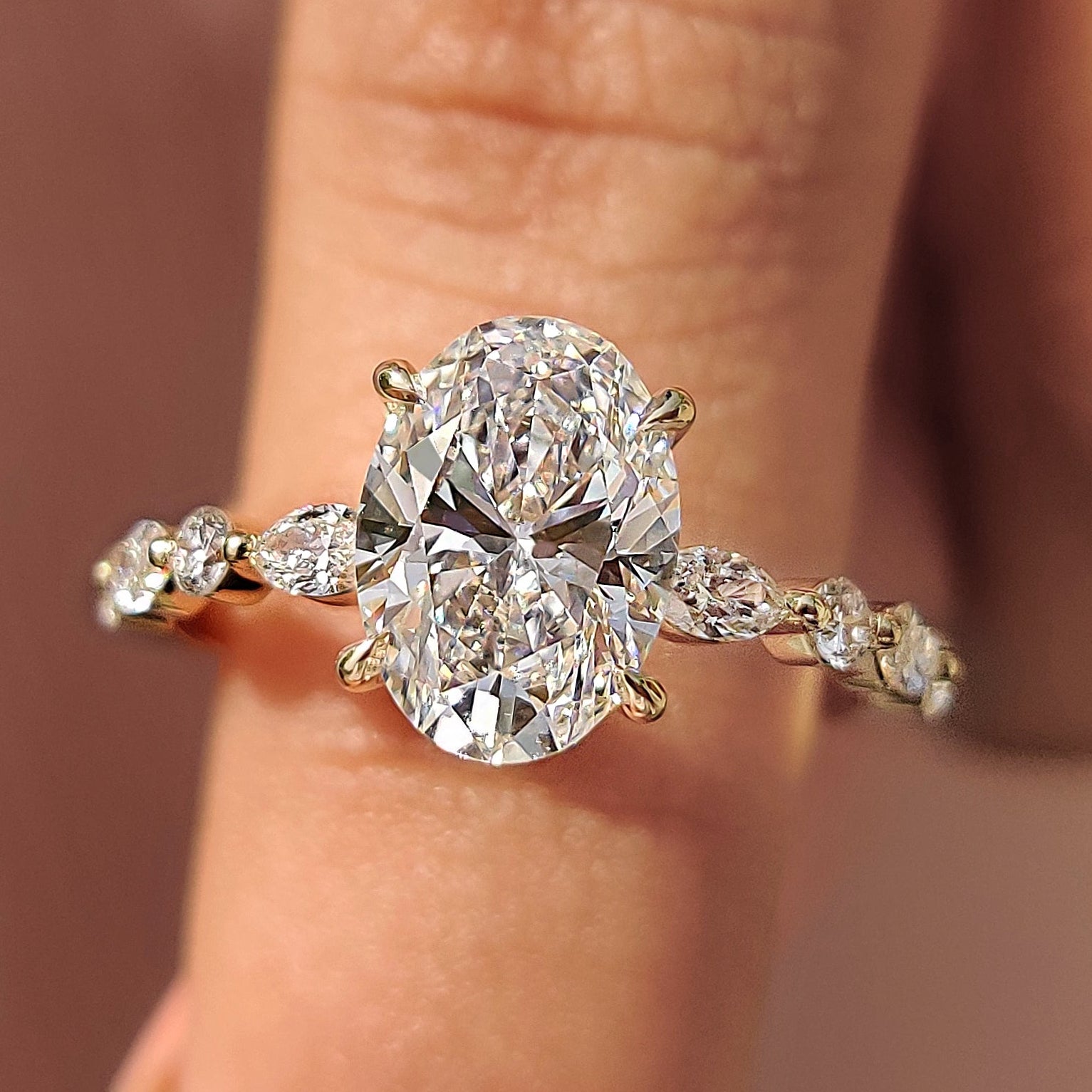 Oval Pave Engagement Ring Featuring Marquise Pave Band