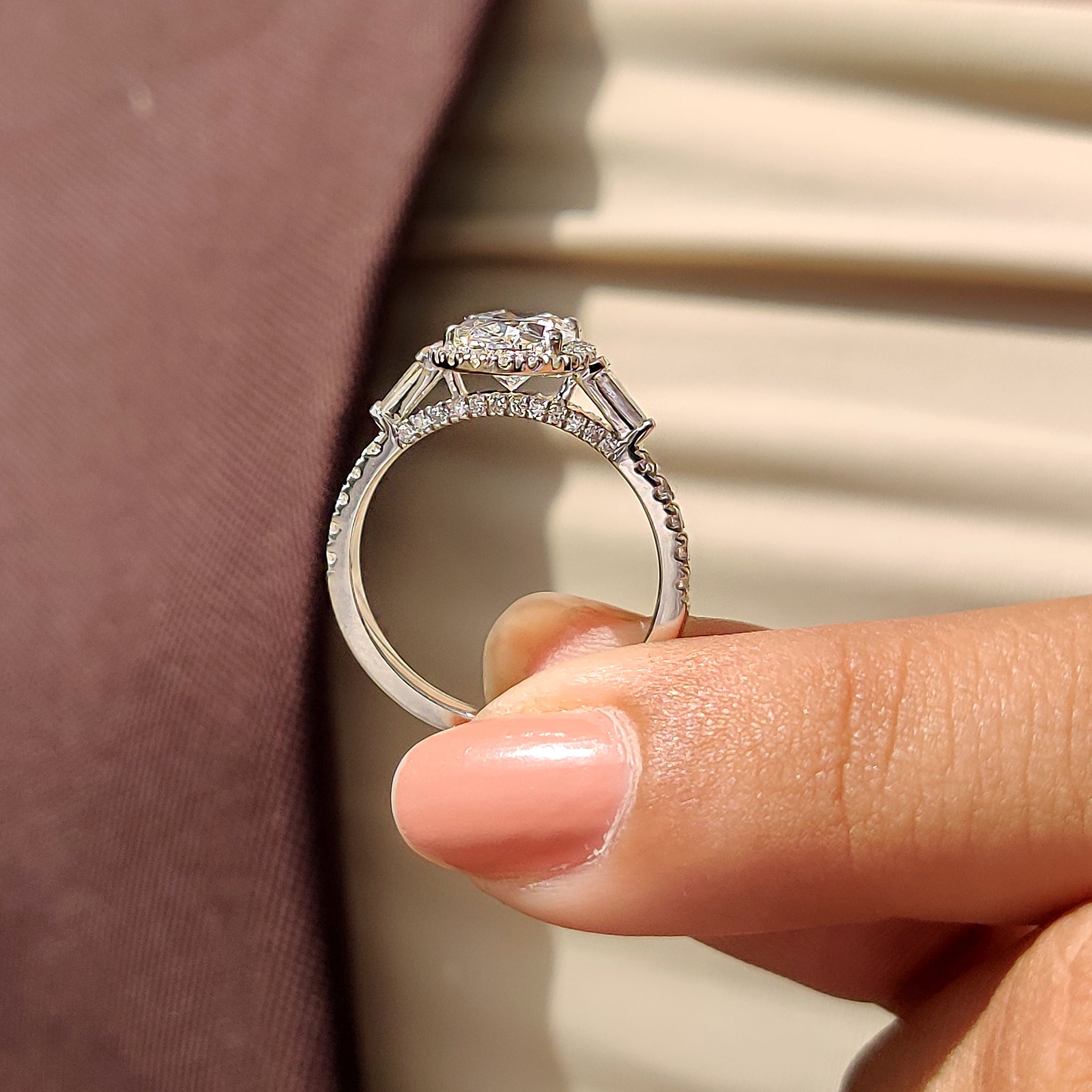White gold engagement ring in halo setting ring.