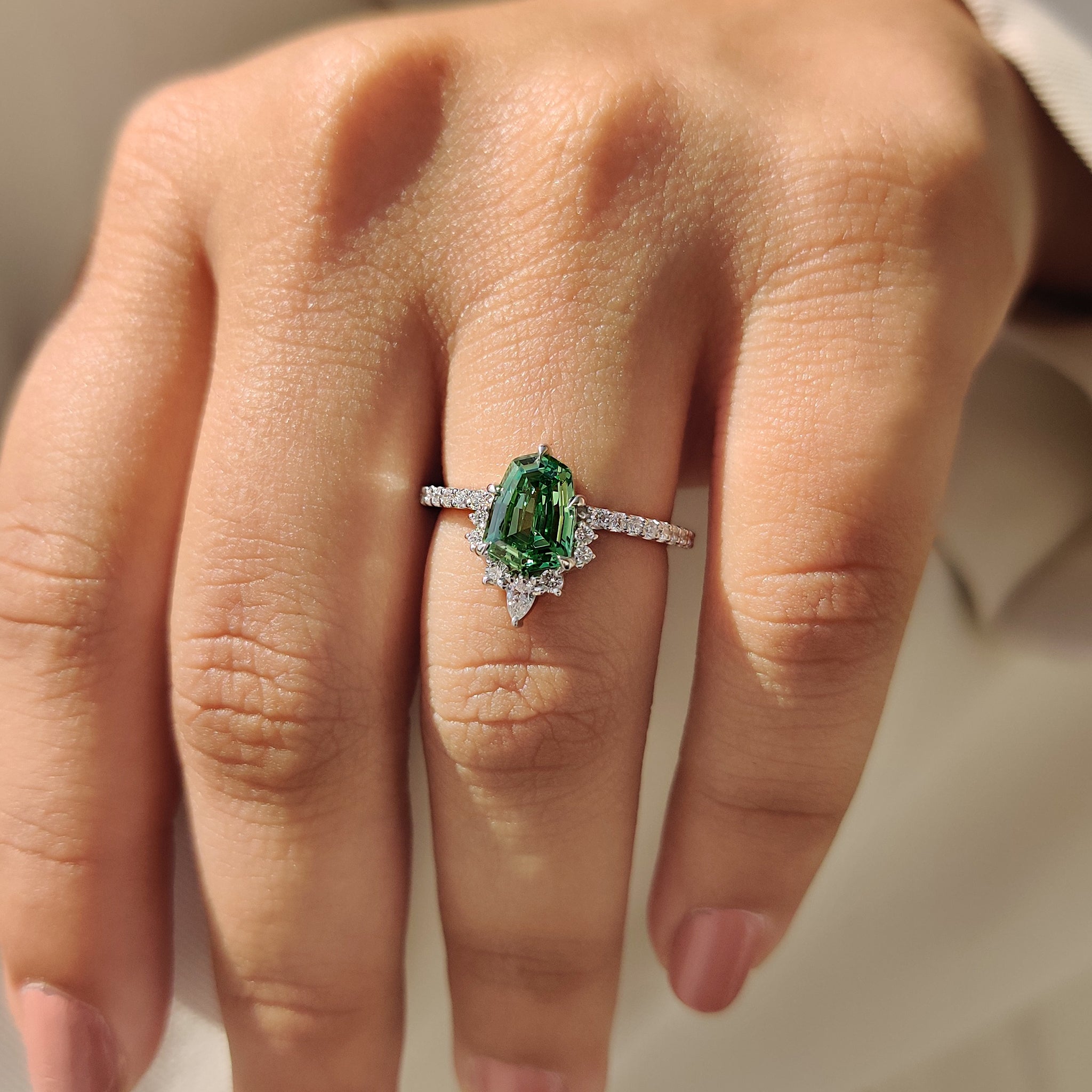 5 claw prong in white gold engagement ring.