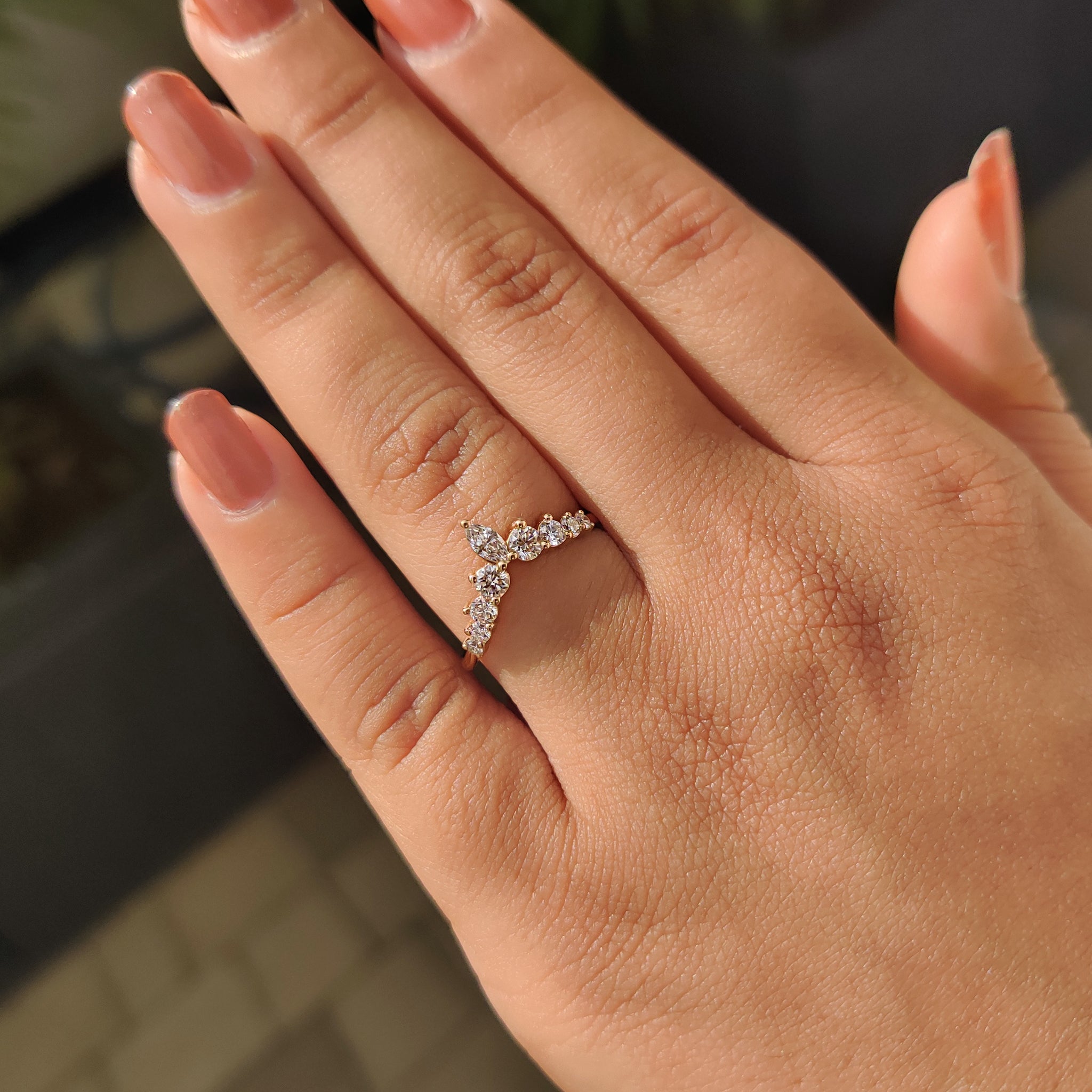 Diamond wedding band with marquise and round diamonds in yellow gold
