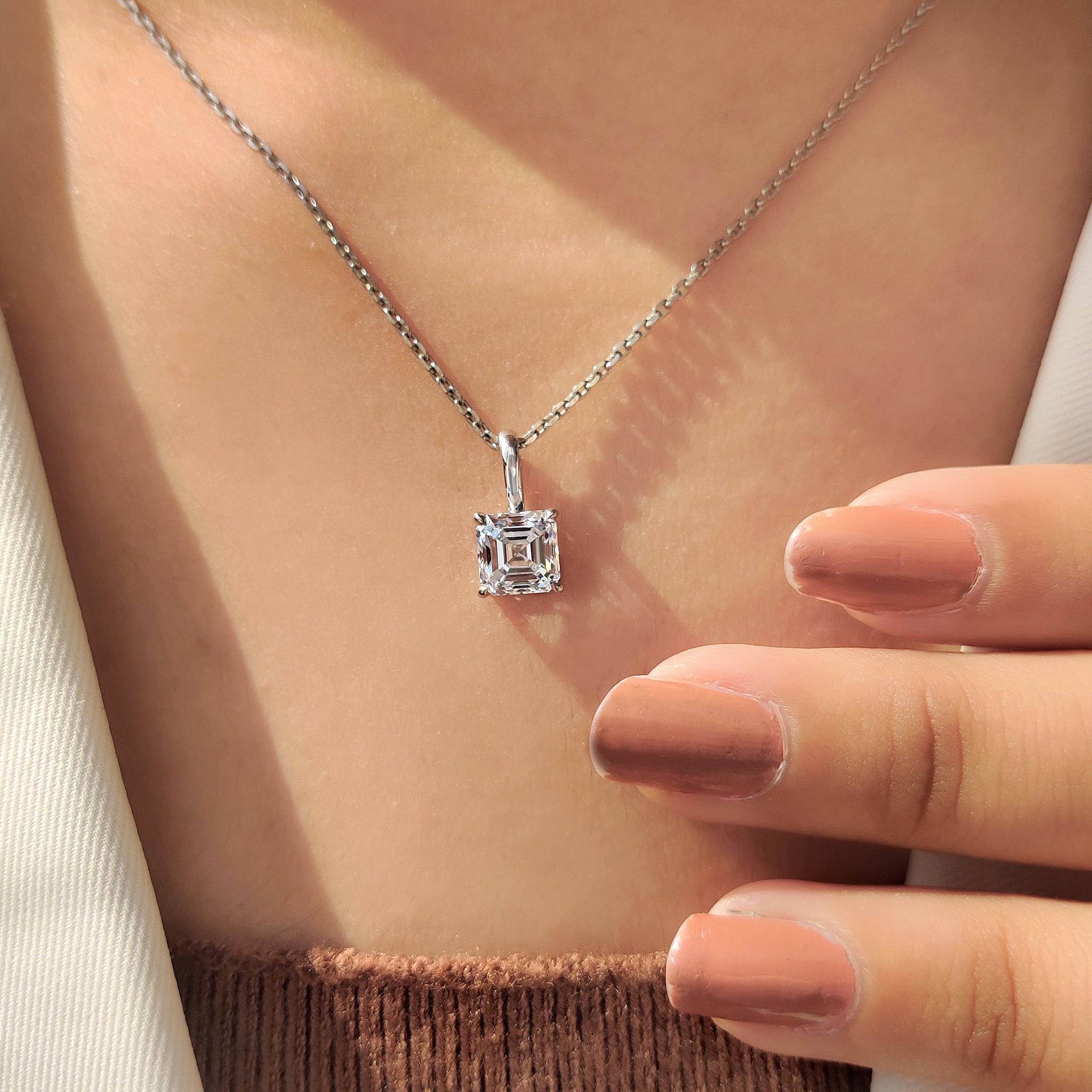 Four prong Asscher cut diamond pendant designed for daily wear

