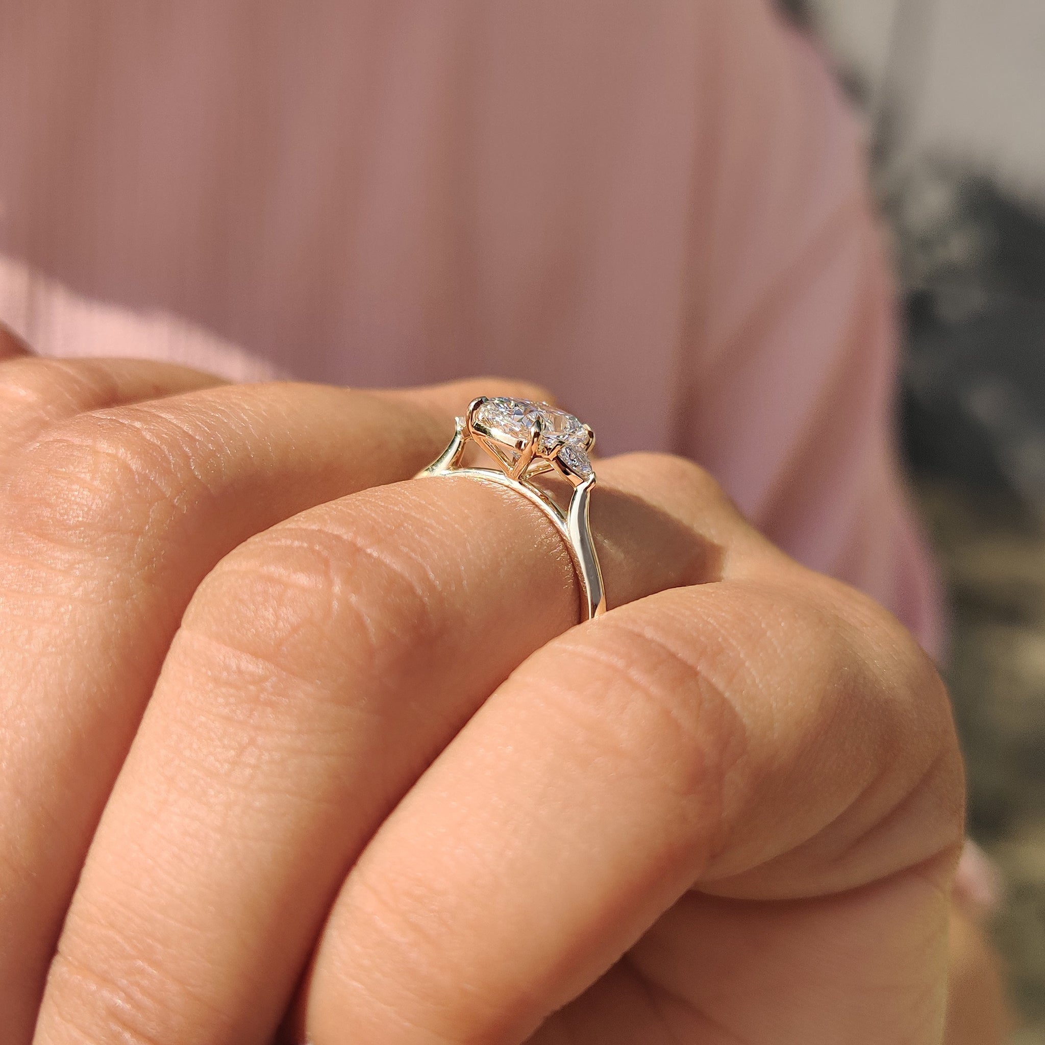 Handmade jewelry elongated cushion cut engagement ring with 4 claw prong setting.
