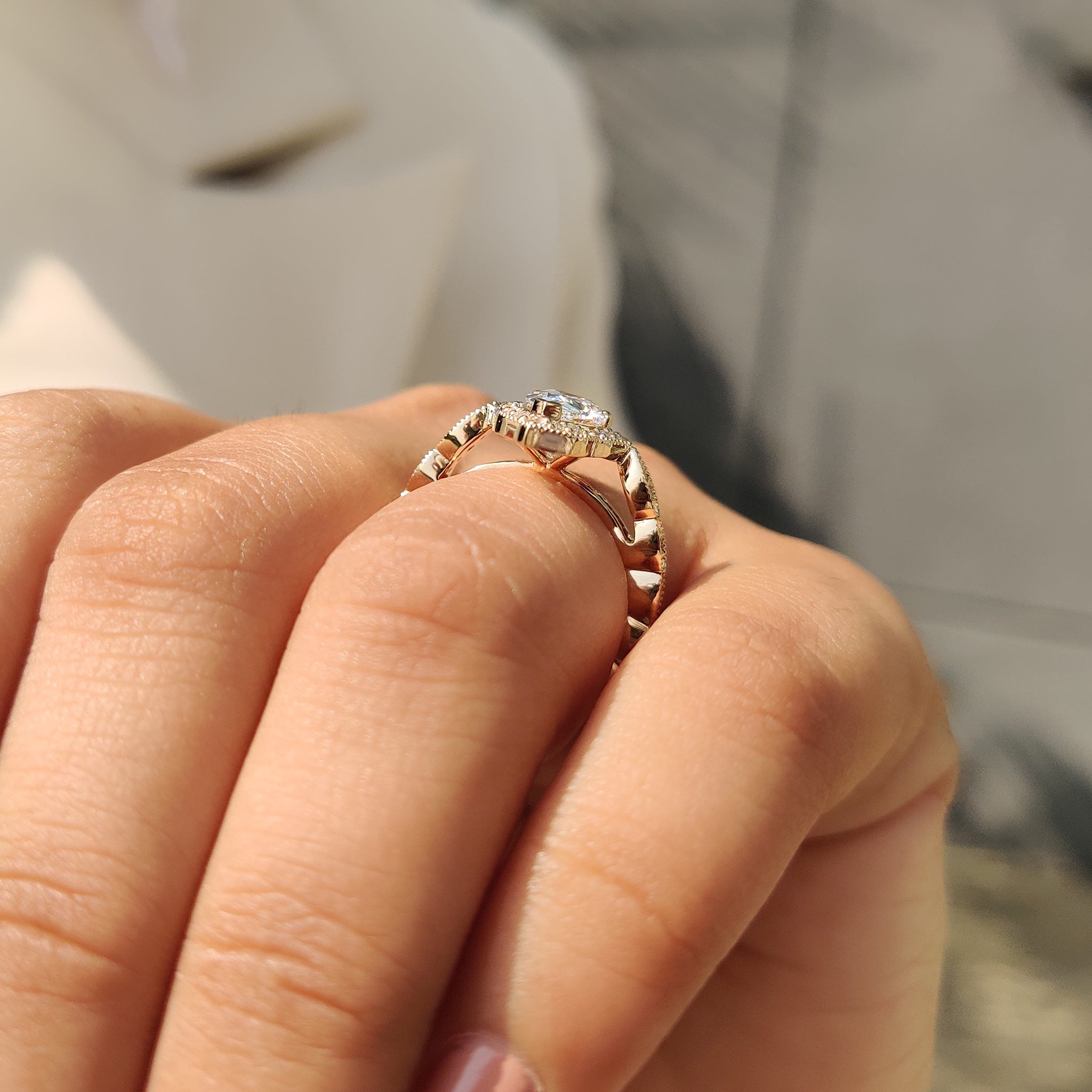 Carat diamonds engagement ring with vintage style and marquise cut outline.