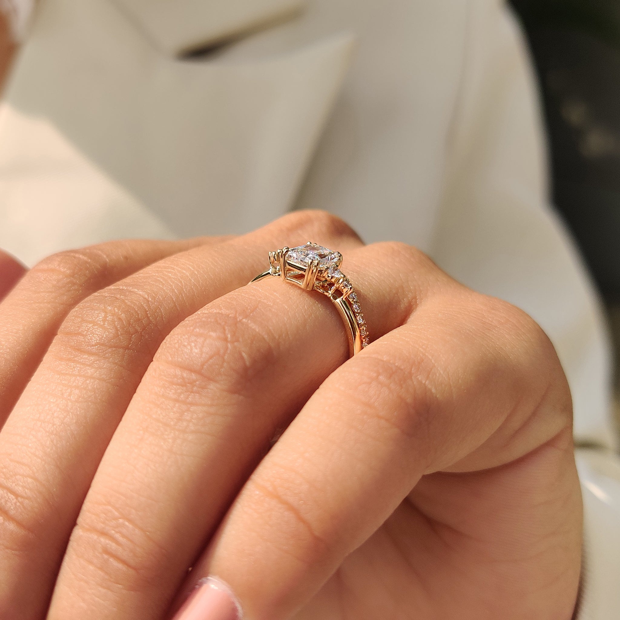 Handmade jewellery radiant ring and band.
