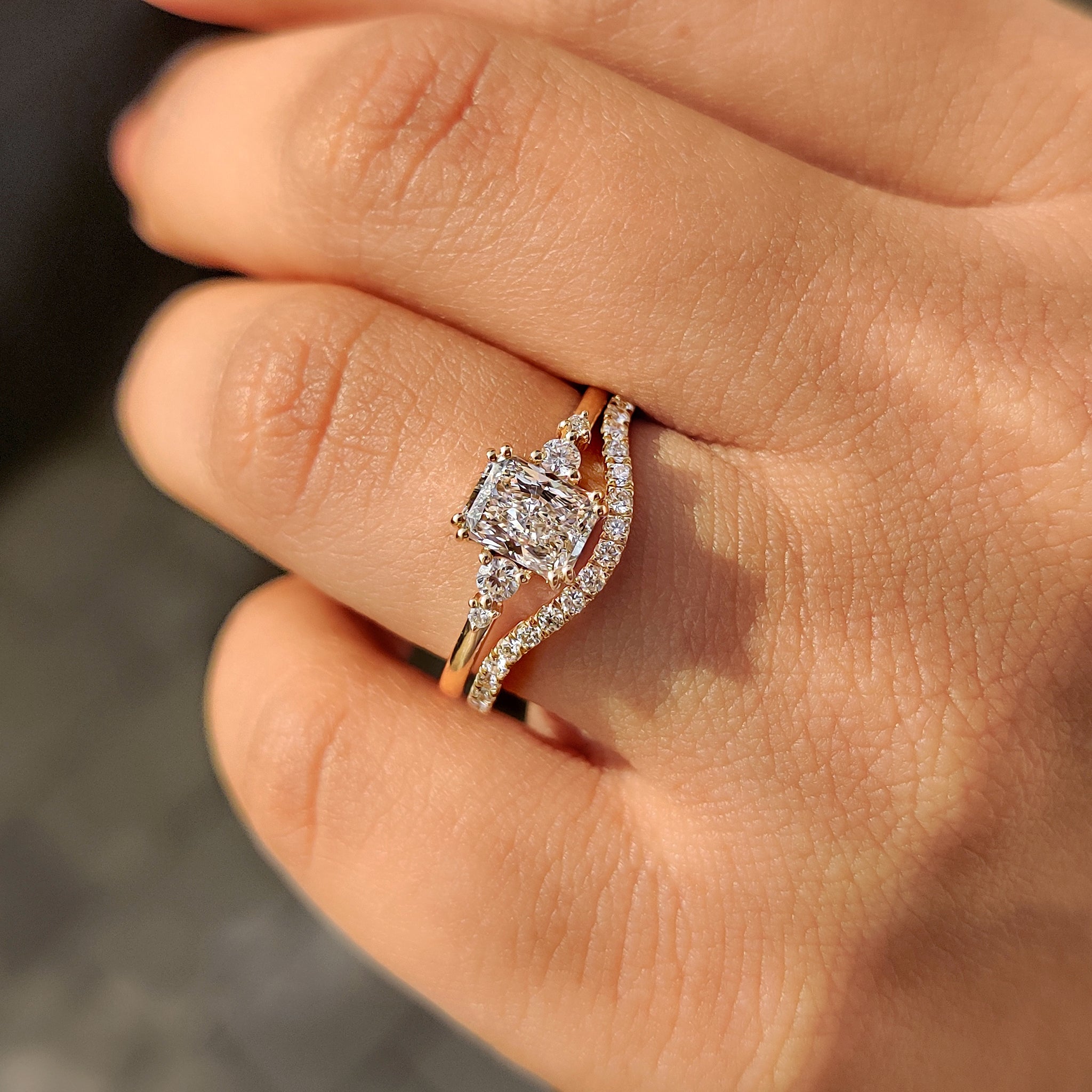 Diamond bridal set with radiant cut ring.
