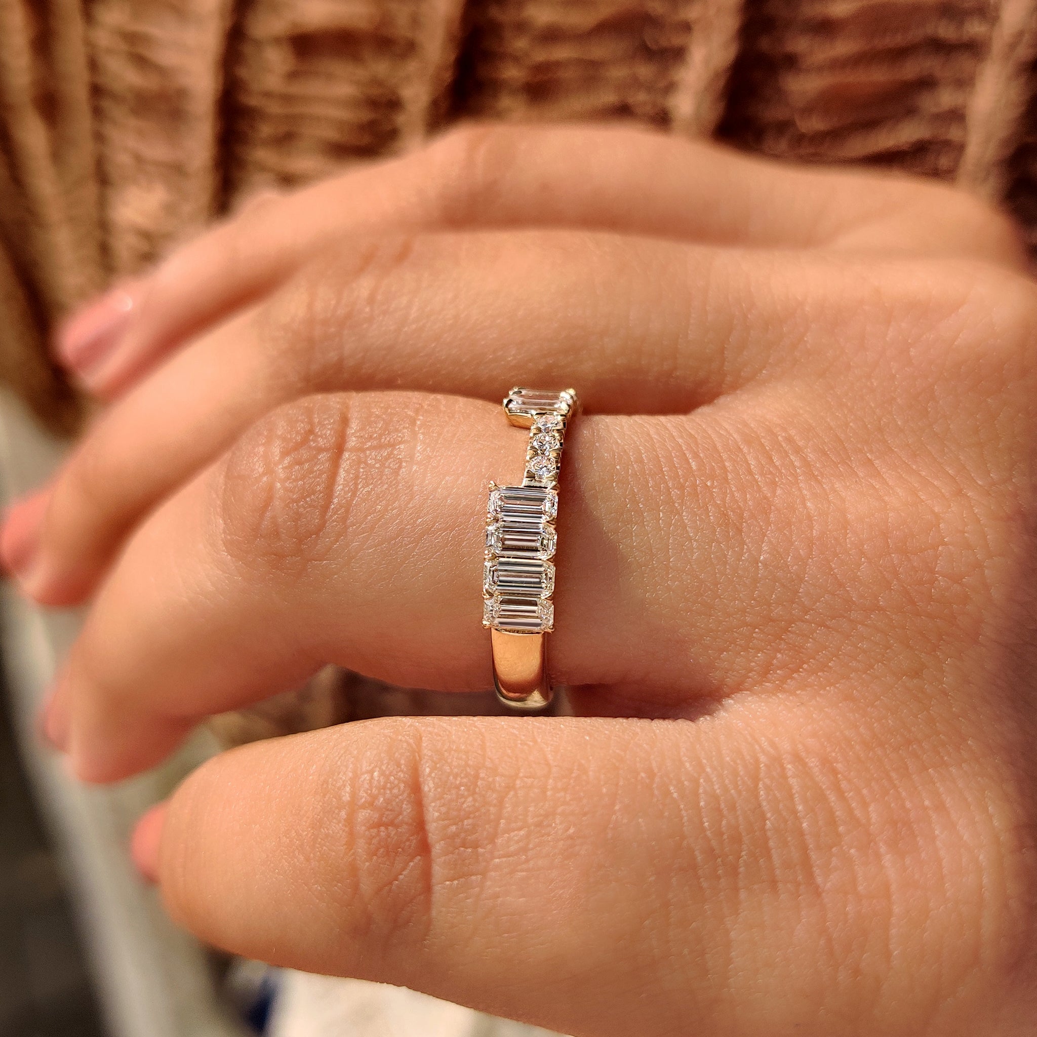 Half eternity wedding band designed for stacking and solo wear.
