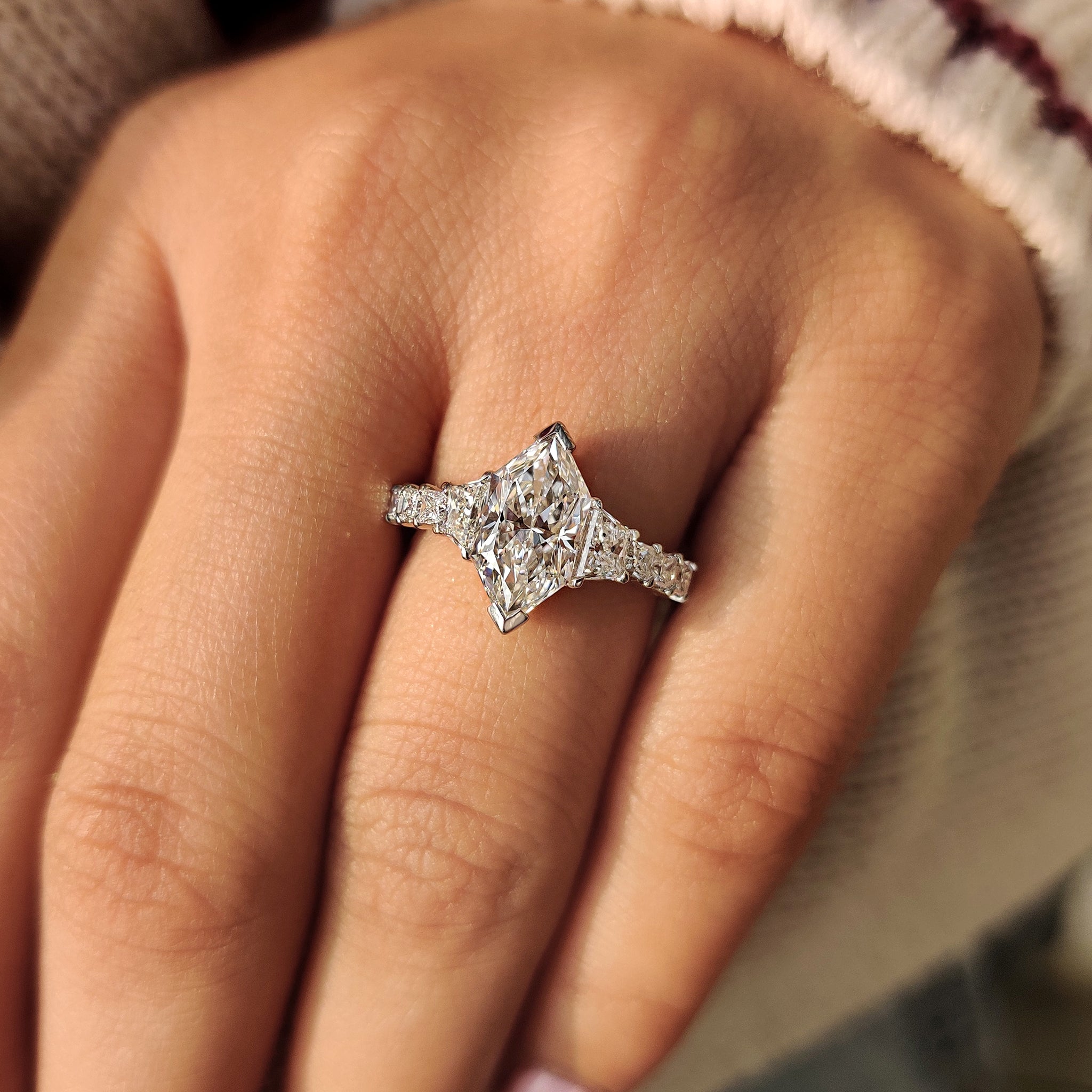 IGI certified dutch marquise ring with tapered shank.
