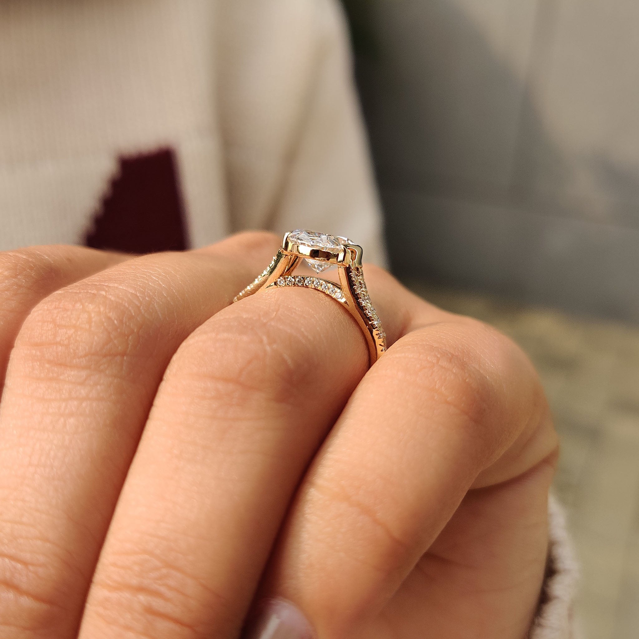 Handmade oval diamond ring with pave split shank
