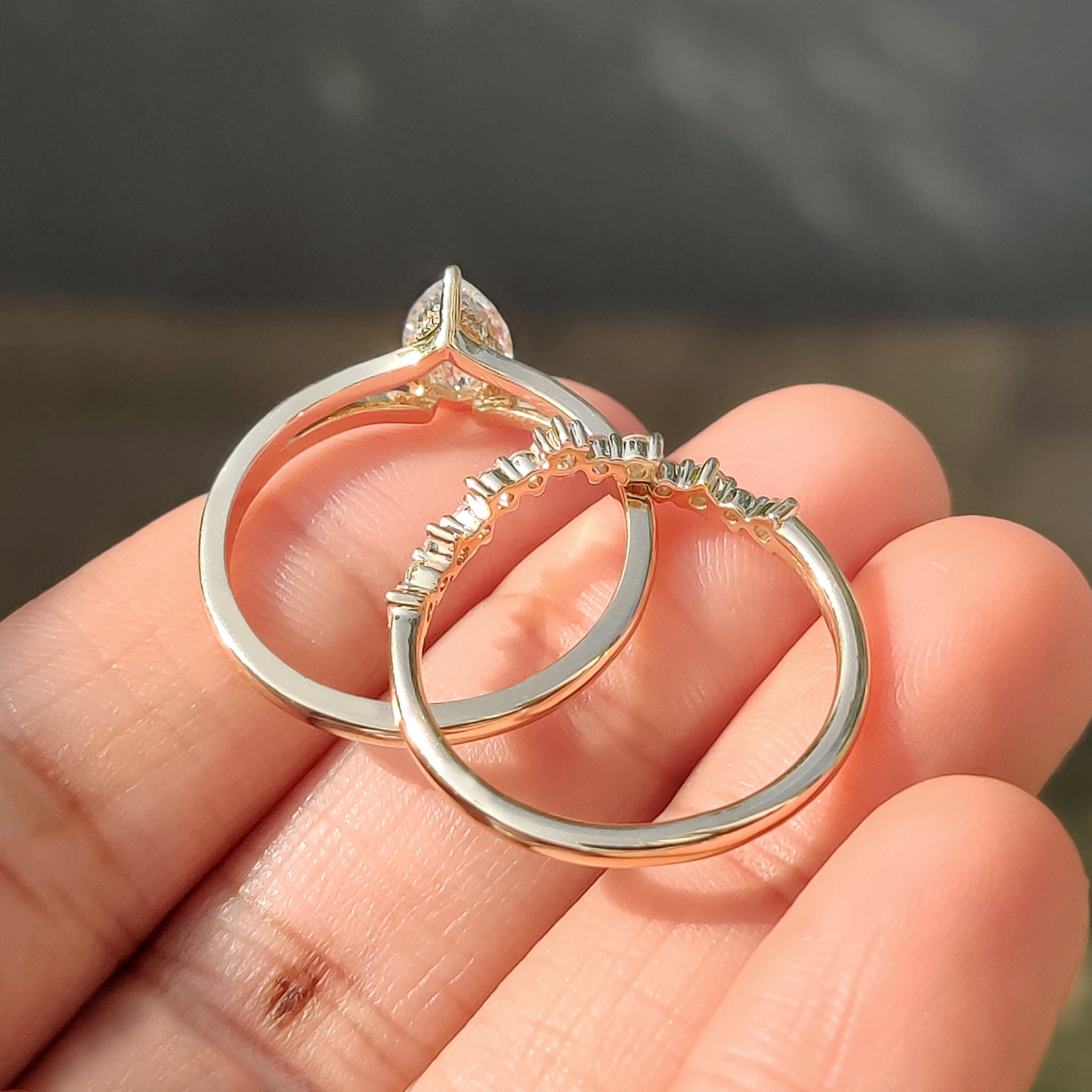 Split shank ring with pear cut diamond.
