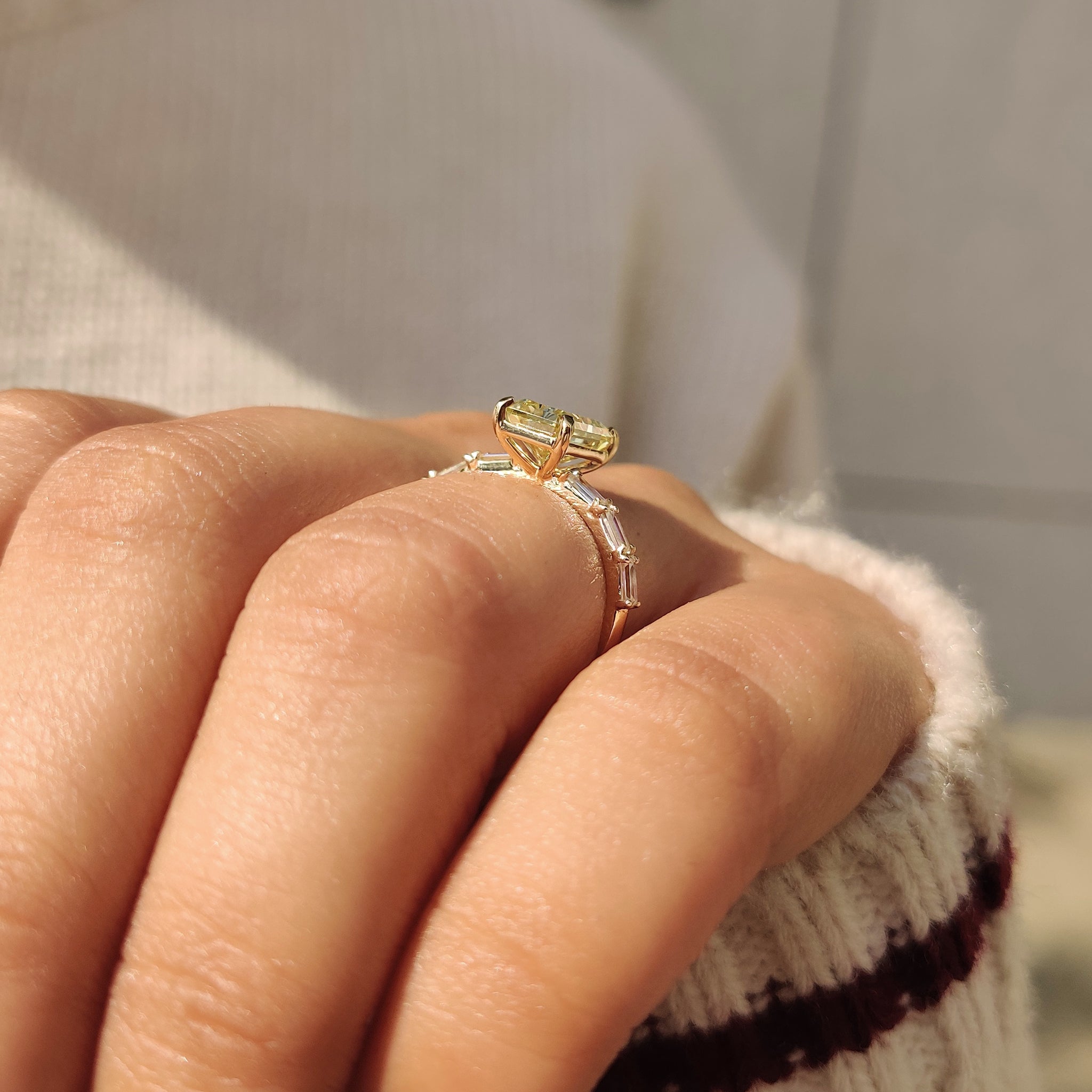 Radiant cut moissanite ring designed as a carat diamonds ring alternative.
