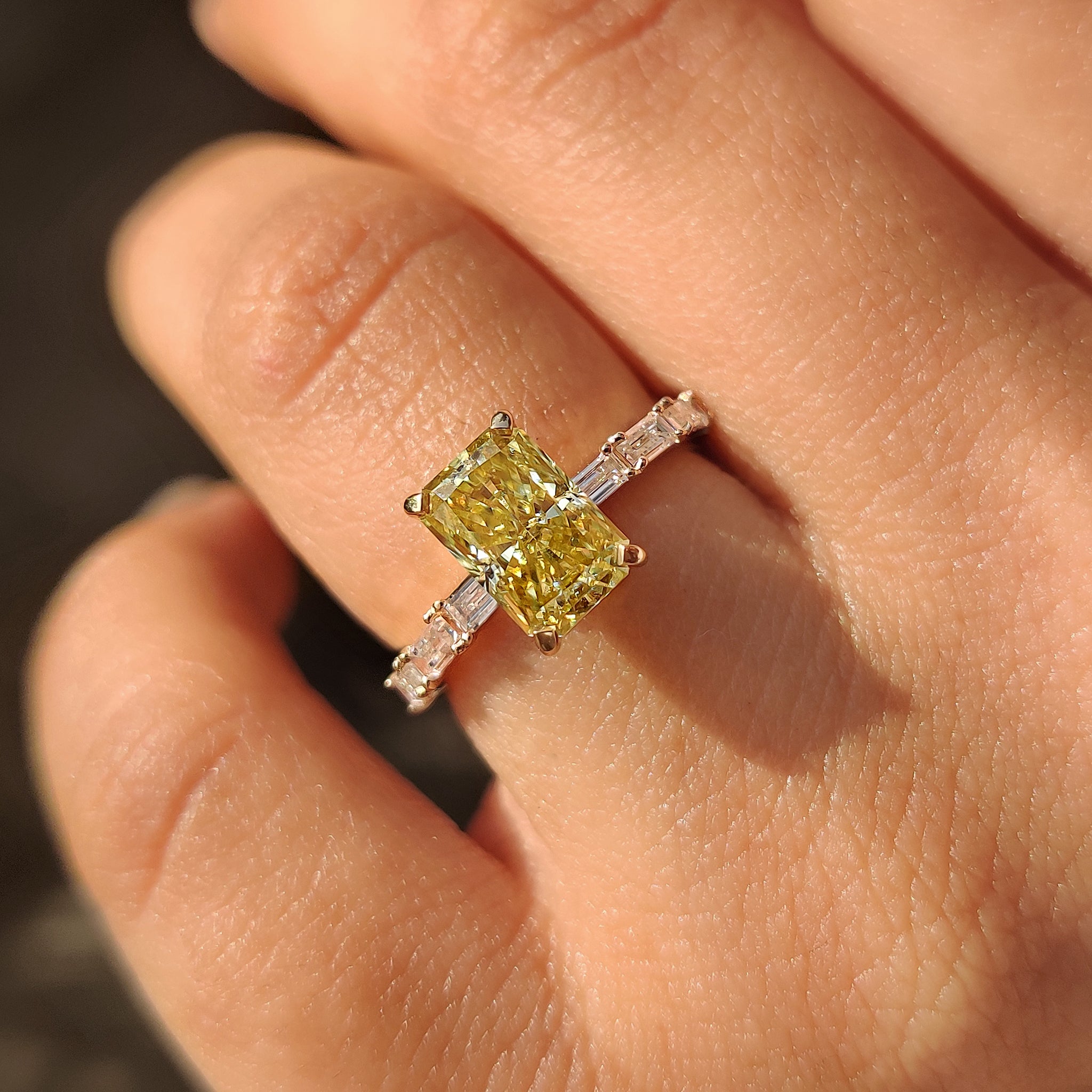 Yellow moissanite engagement ring available in every metal option.
