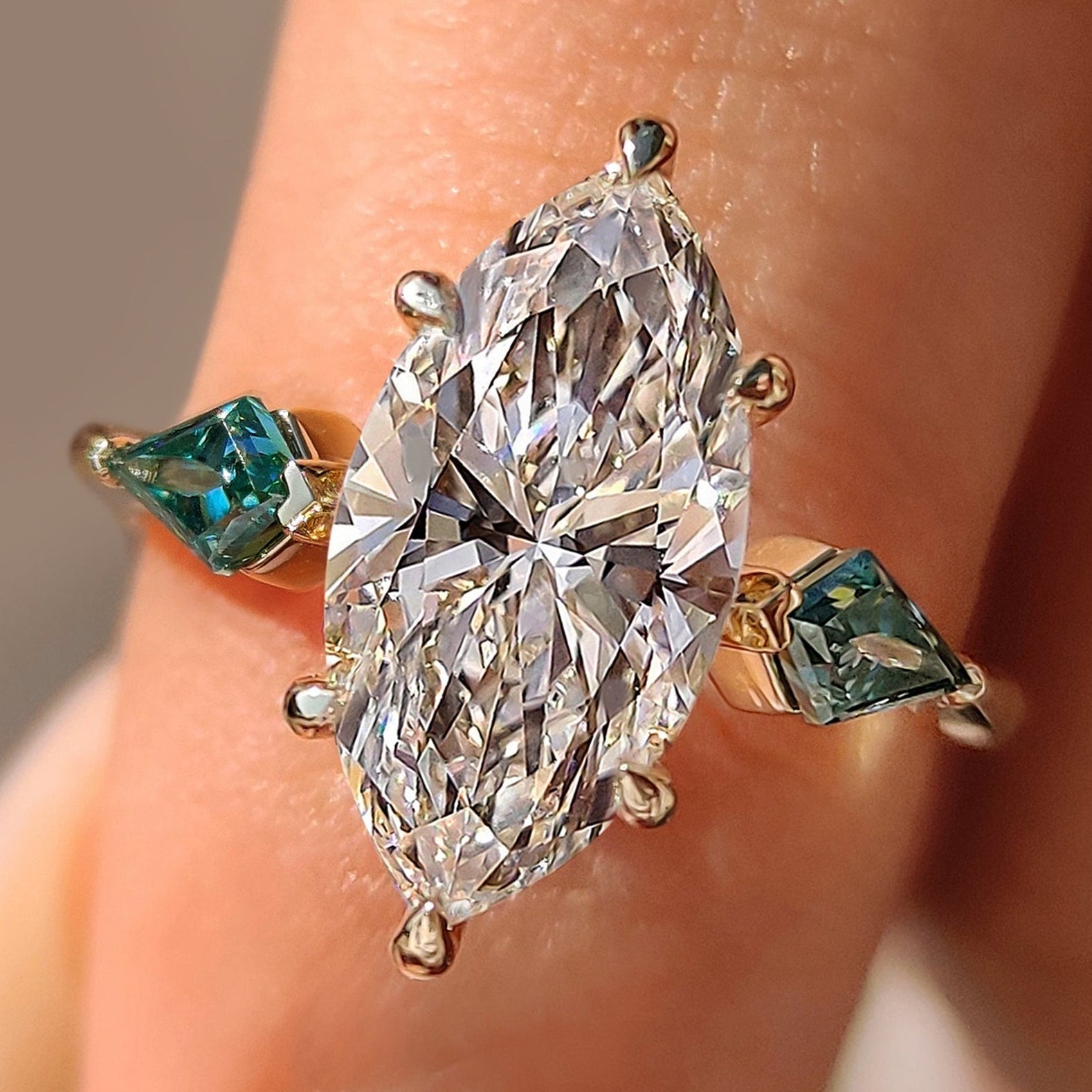 Marquise Cut Diamond Ring With Cyan Blue Kite Side Moissanite