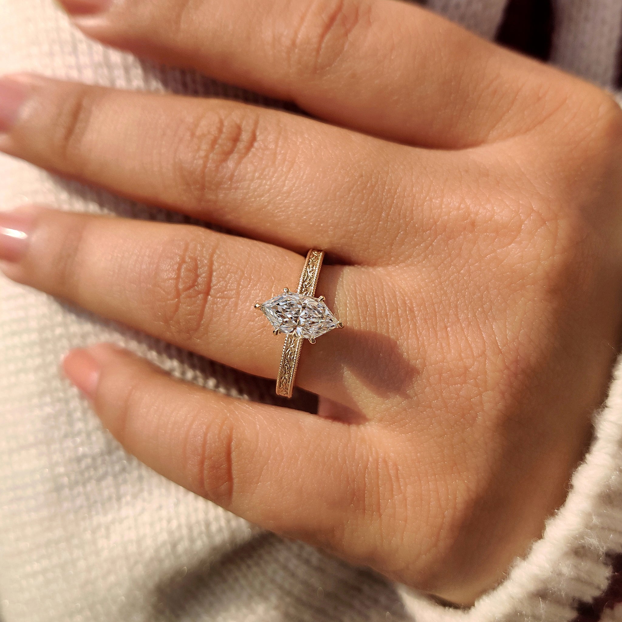 Lab grown diamond dutch marquise ring with IGI certification.
