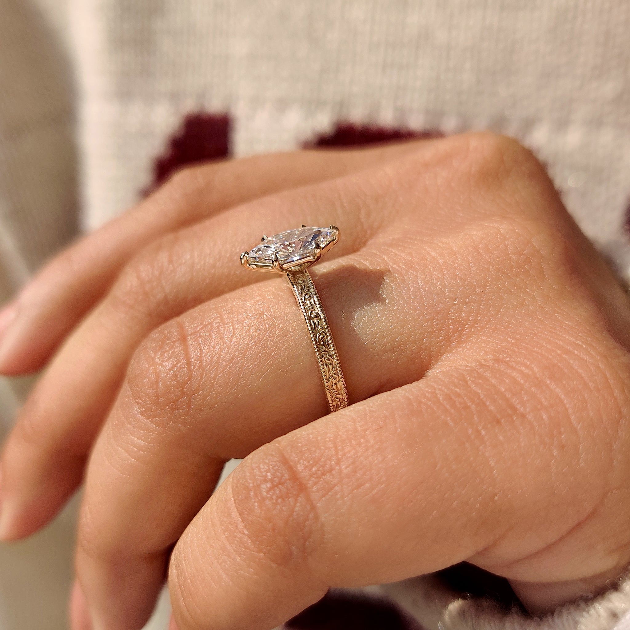 Dutch marquise ring with six claw prong setting.
