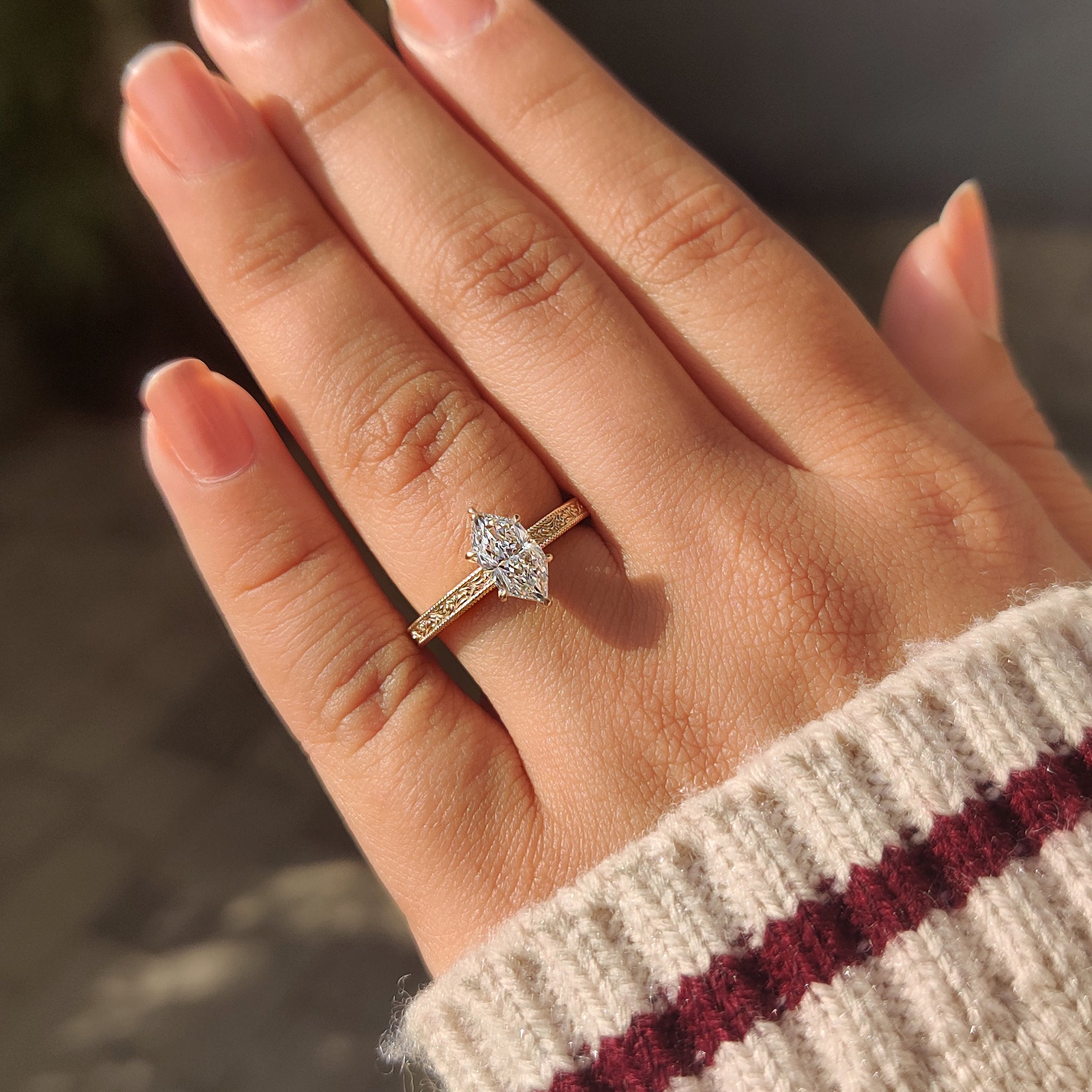 Vintage style dutch marquise ring with claw prong setting.
