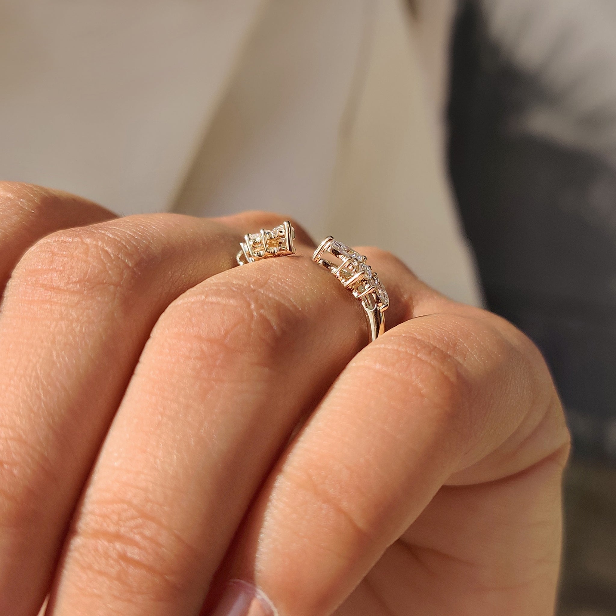 Handmade open gap wedding band with marquise and round diamond style.
