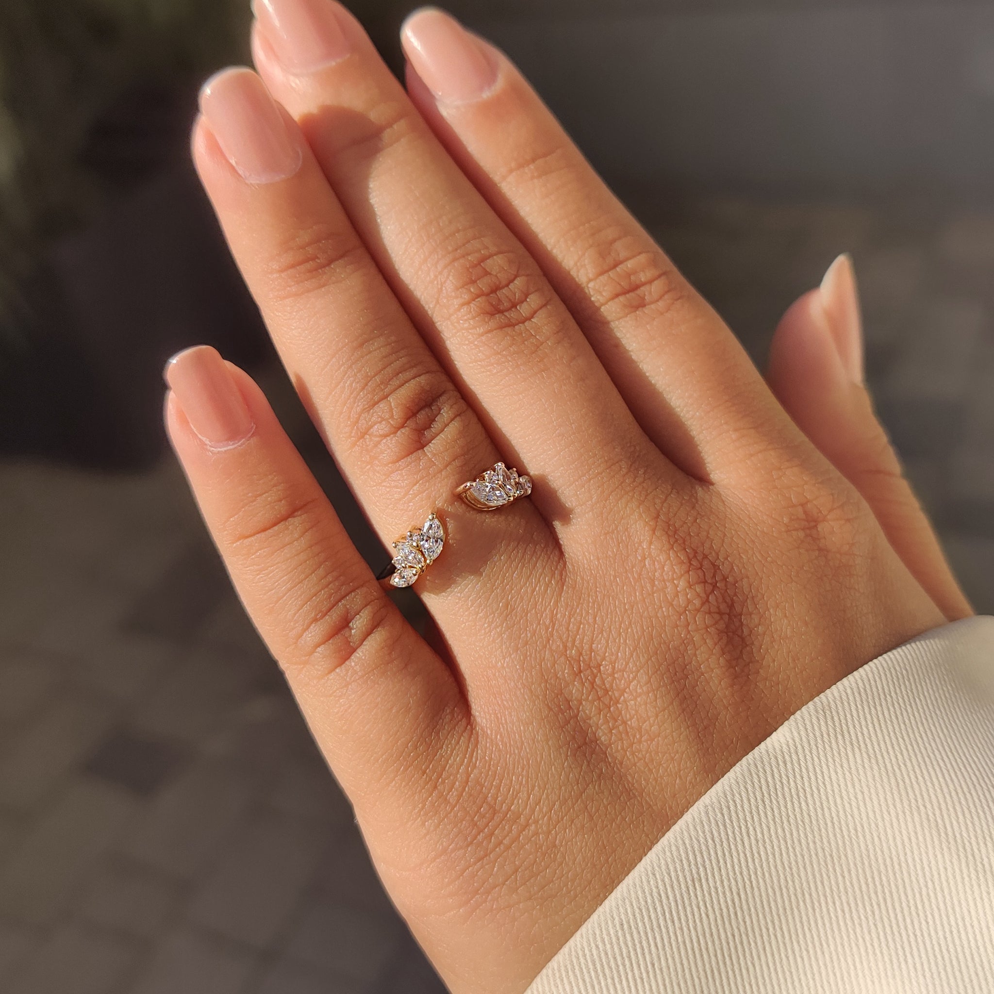 Lab grown diamond open gap wedding band with handmade finish.
