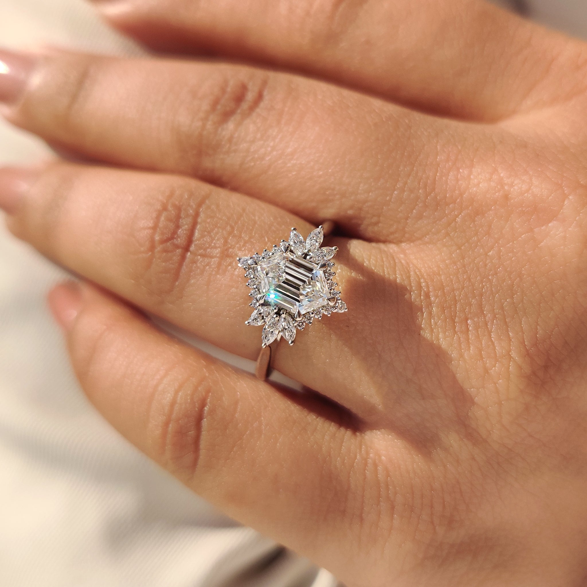 Handmade ring with elongated hexagon engagement ring shape.
