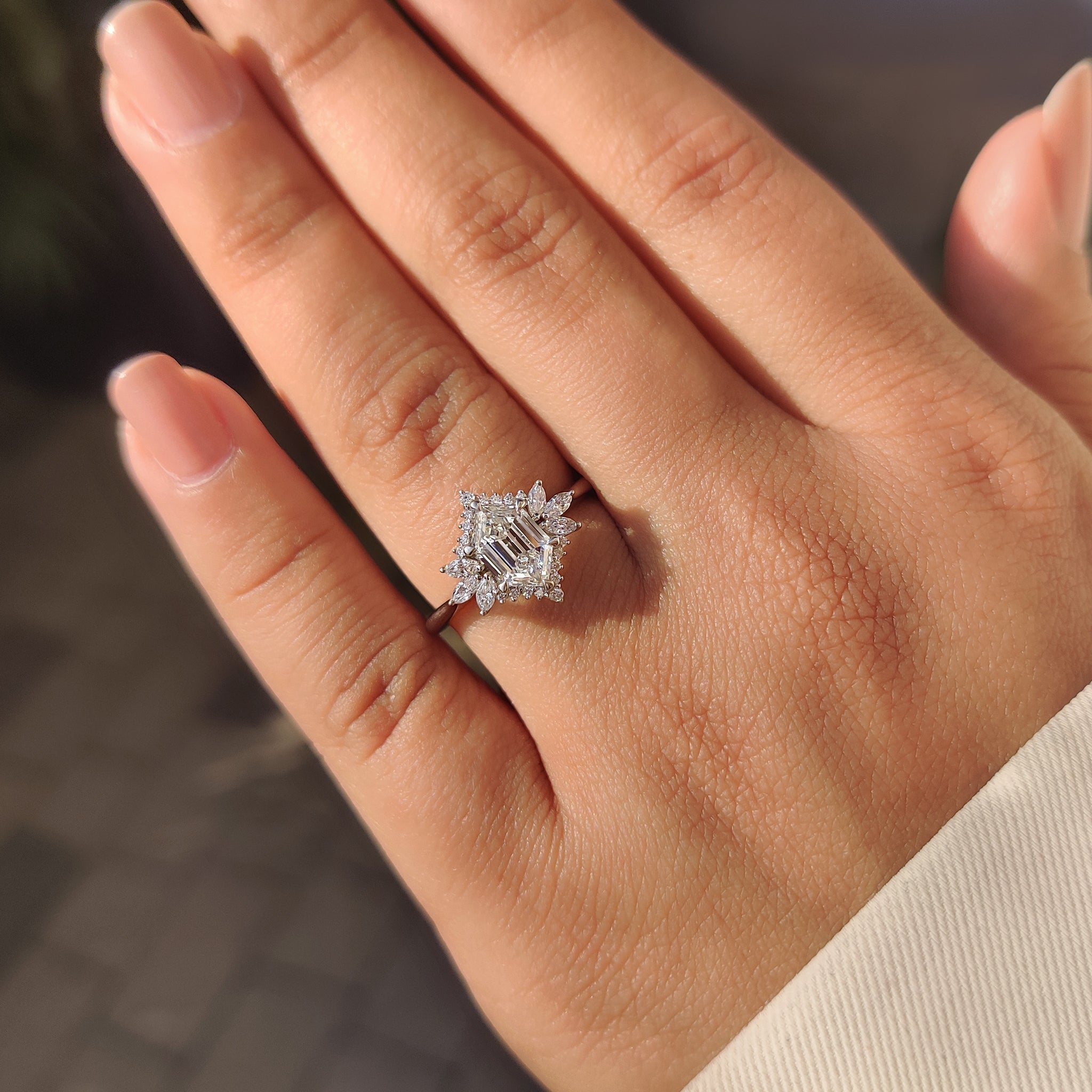 Carat diamonds ring inspired elongated hexagon engagement ring.
